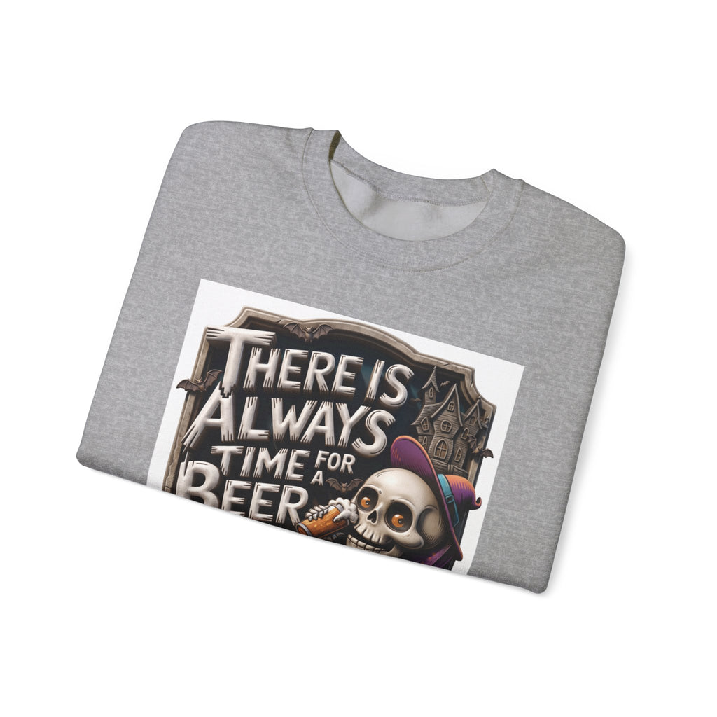Sport Grey crewneck sweatshirt folded to show the skeleton in a floppy purple hat kicks back print