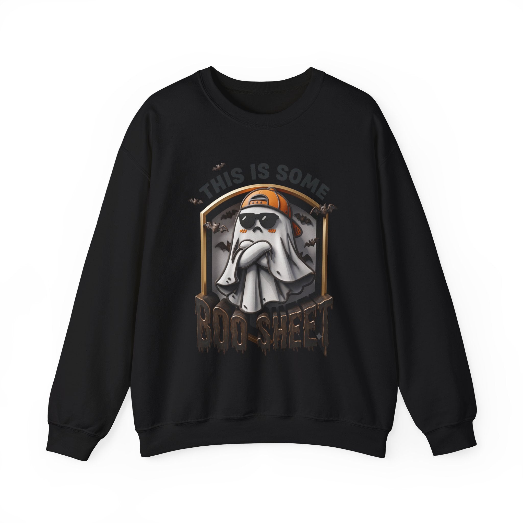 Black crewneck sweatshirt laid flat, printed with a sheet ghost in black sunglasses and a backward orange