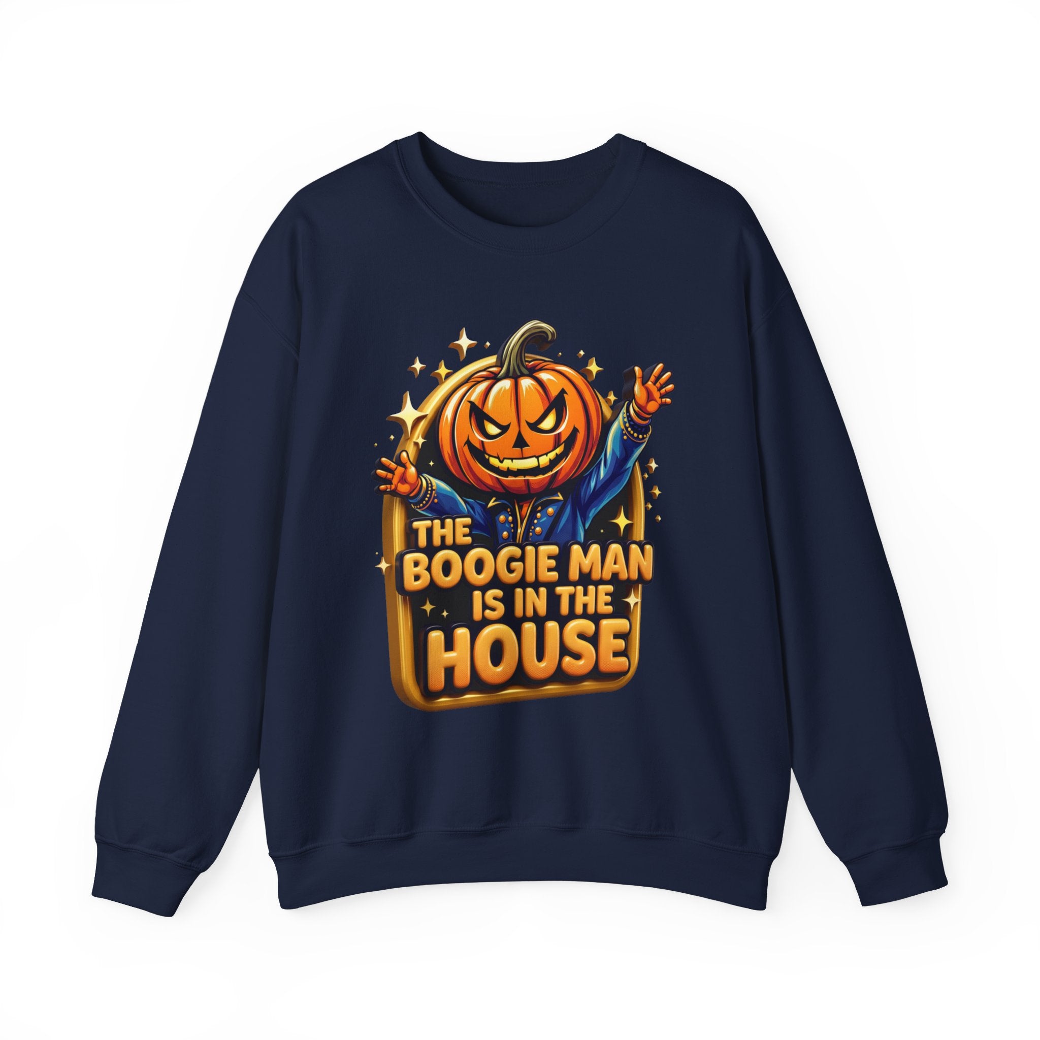 Navy crewneck sweatshirt laid flat, printed with a grinning jack-o-lantern head in a blue jacket throws