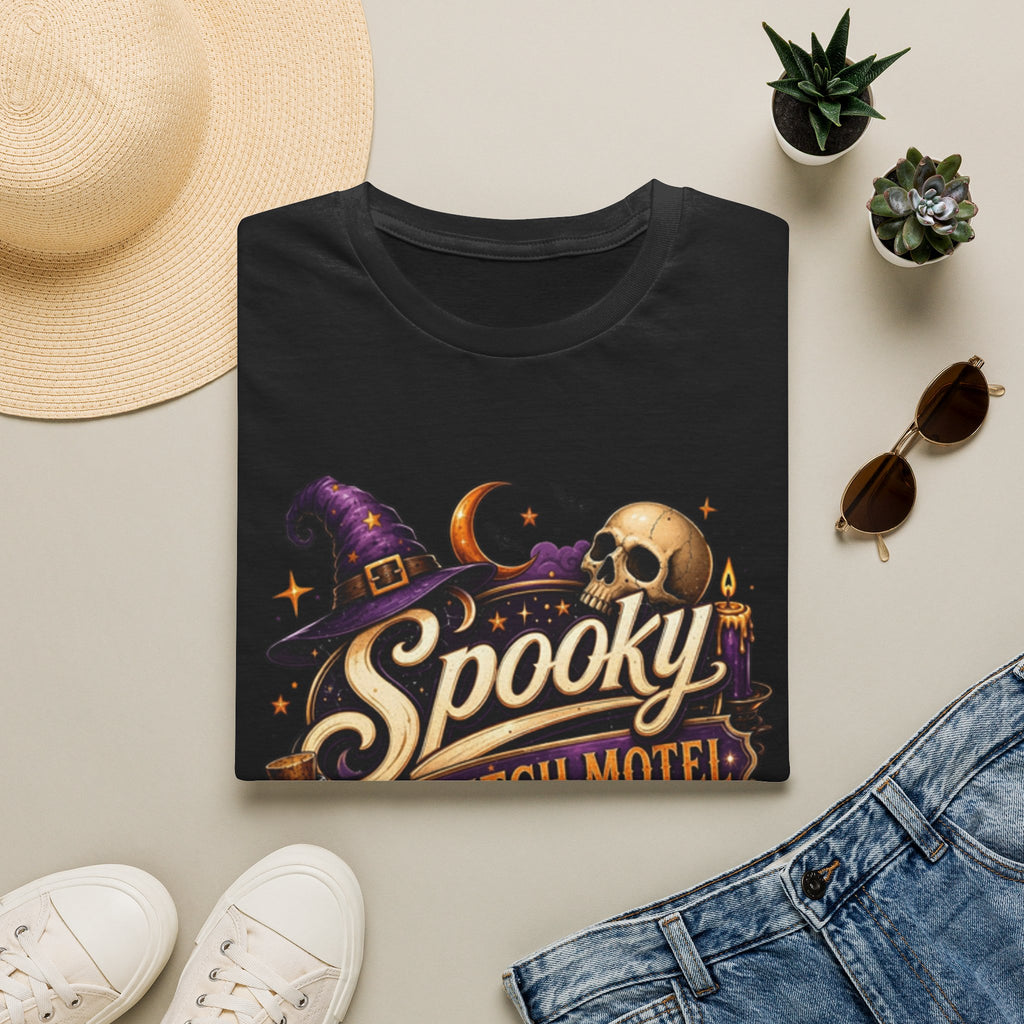 Black t-shirt styled flat with a candle — neon Spooky Witch Motel sign