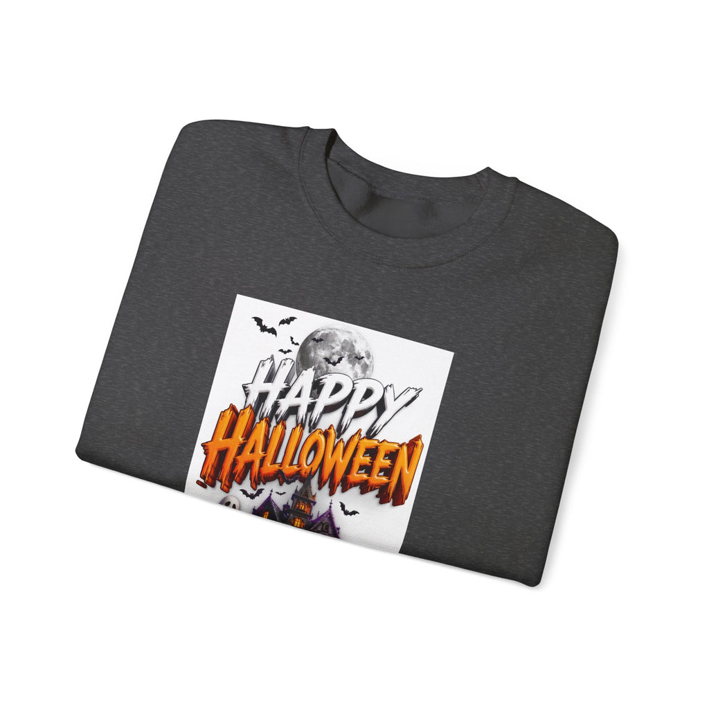 Dark Heather crewneck sweatshirt folded to show the haunted house print