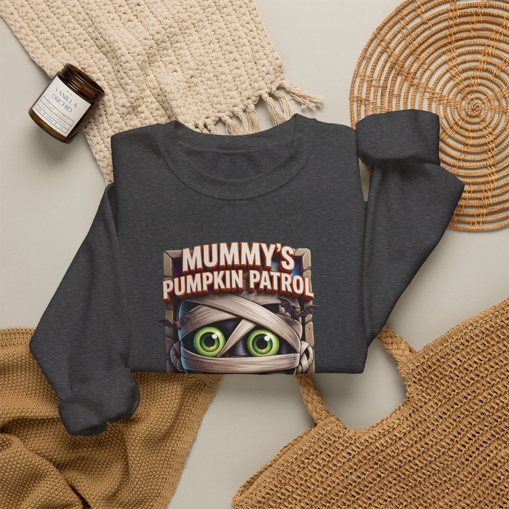 Dark Heather crewneck sweatshirt styled flat with a candle — cartoon mummy hugging a carved pumpkin
