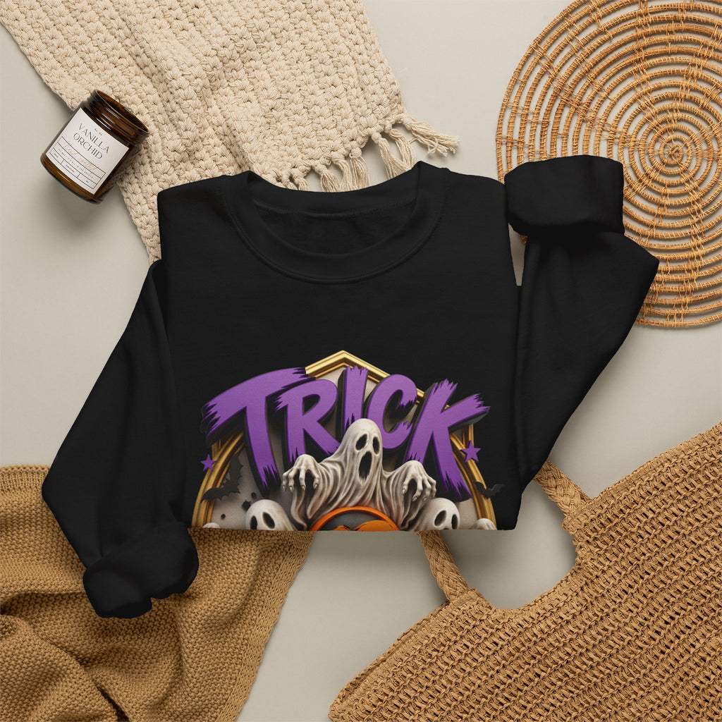 Black crewneck sweatshirt styled flat with a candle — ghosts huddled between carved pumpkins