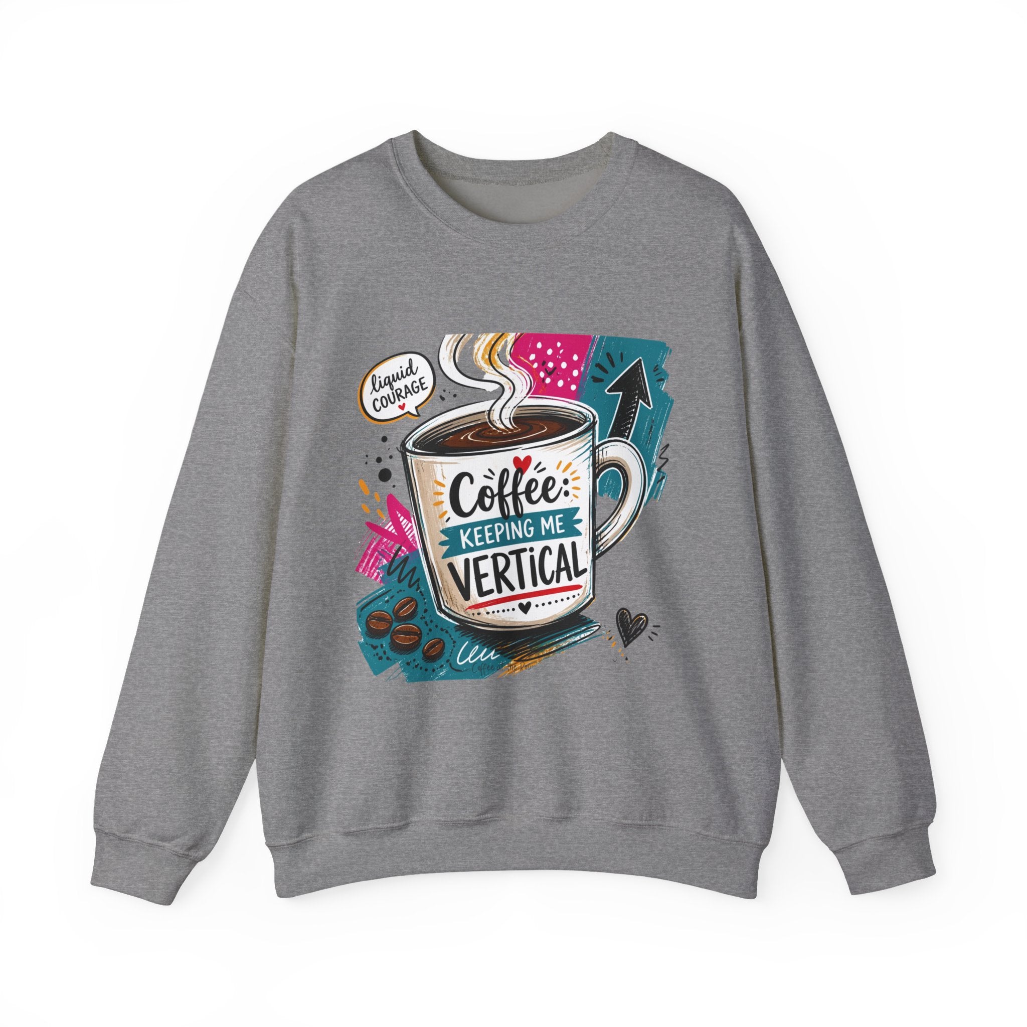 Graphite Heather crewneck sweatshirt laid flat, printed with a striped coffee mug in a retro paper collage reading