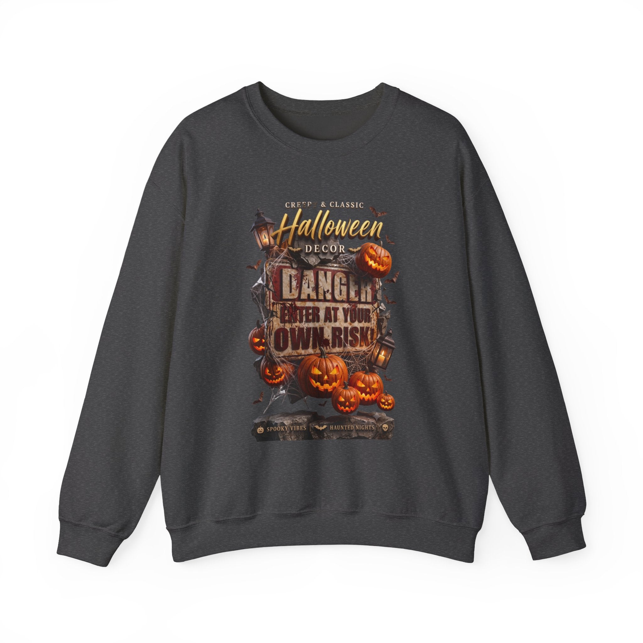 Dark Heather crewneck sweatshirt laid flat, printed with a aged danger sign hangs above a cluster of glowing