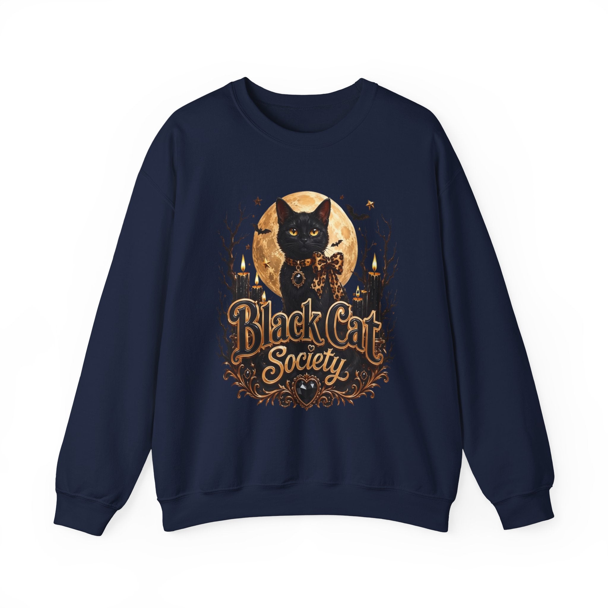 Navy crewneck sweatshirt laid flat, printed with a black cat sits before a glowing full moon