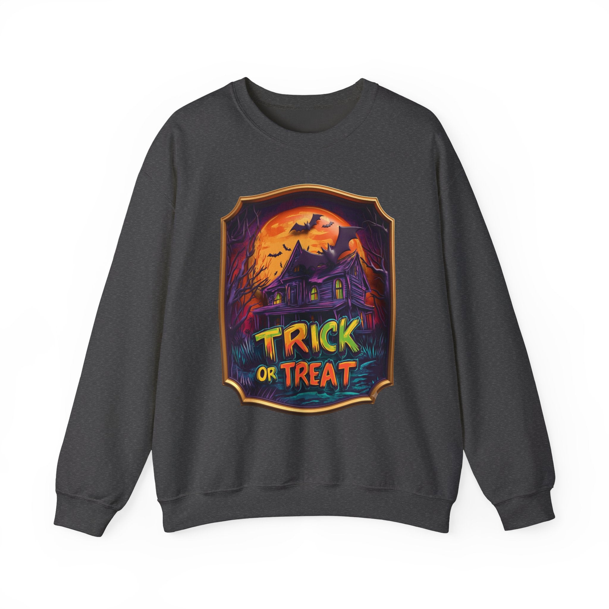 Dark Heather crewneck sweatshirt laid flat, printed with a purple haunted mansion sits under a blazing orange moon