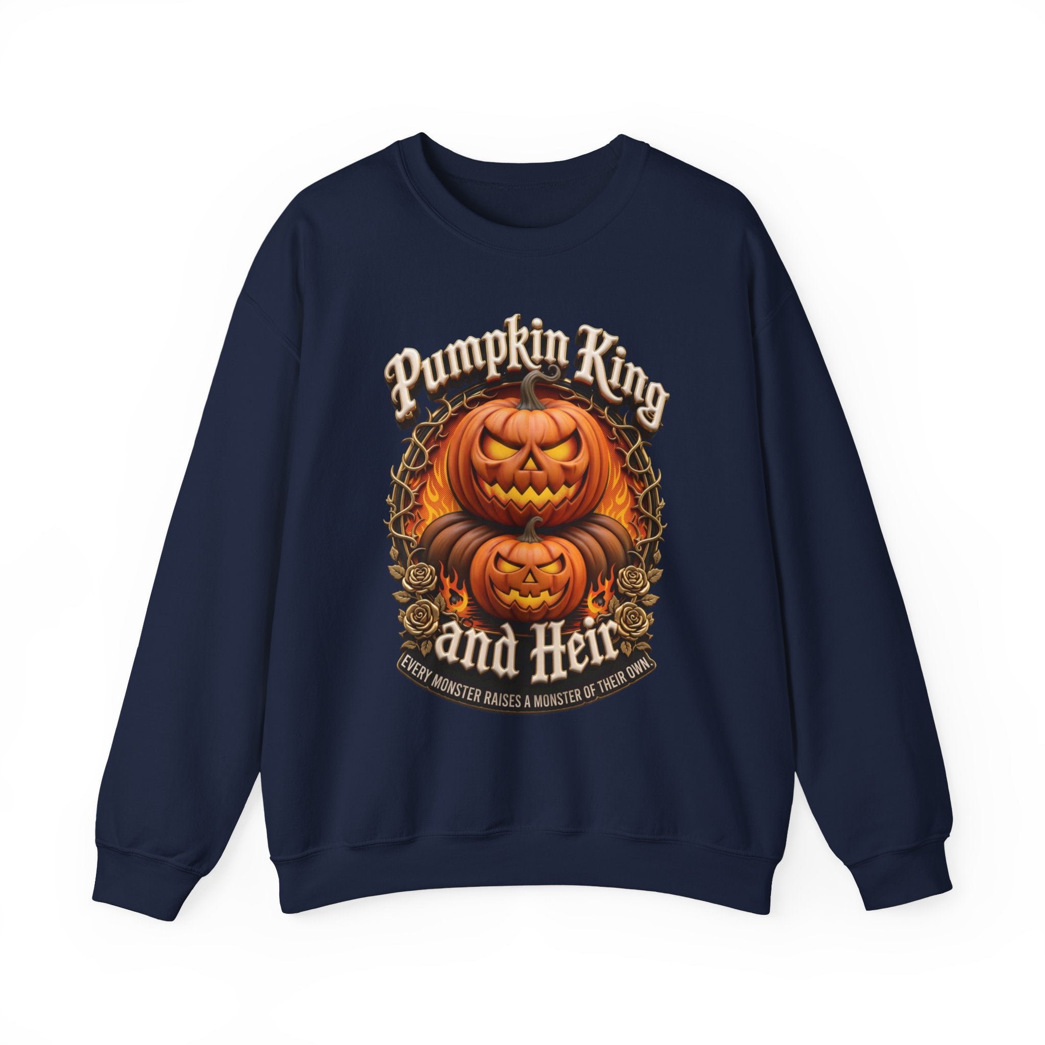 Navy crewneck sweatshirt laid flat, printed with a two fierce jack-o-lanterns stack up inside a thorny wreath
