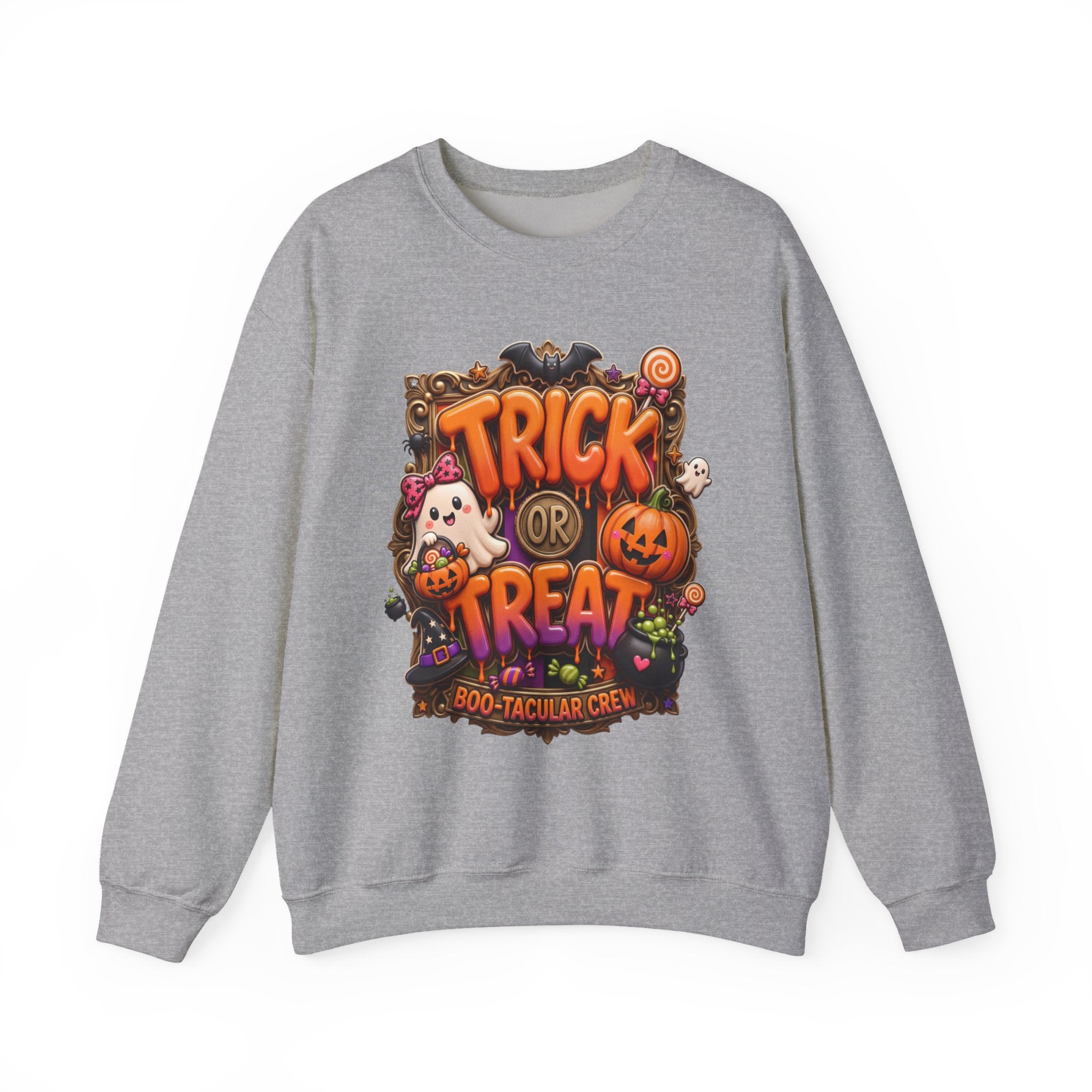 Sport Grey crewneck sweatshirt laid flat, printed with a puffy orange trick or treat lettering frames a bow-wearing