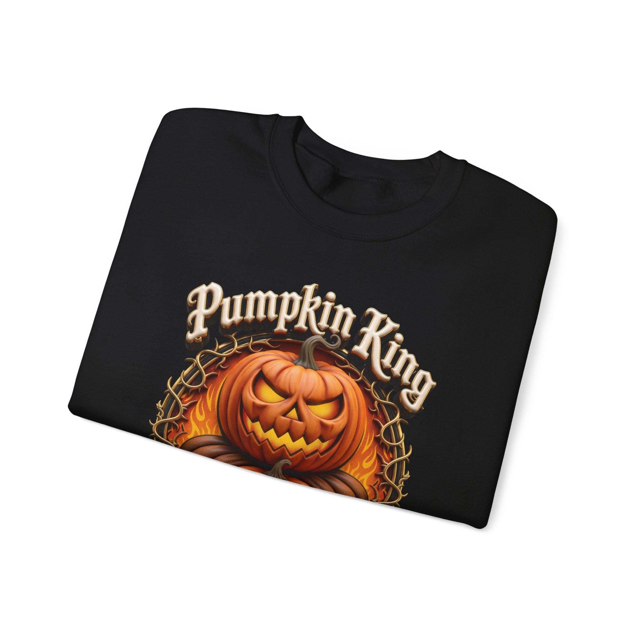 Black crewneck sweatshirt folded to show the two fierce jack-o-lanterns stack up inside a thorny wreath print