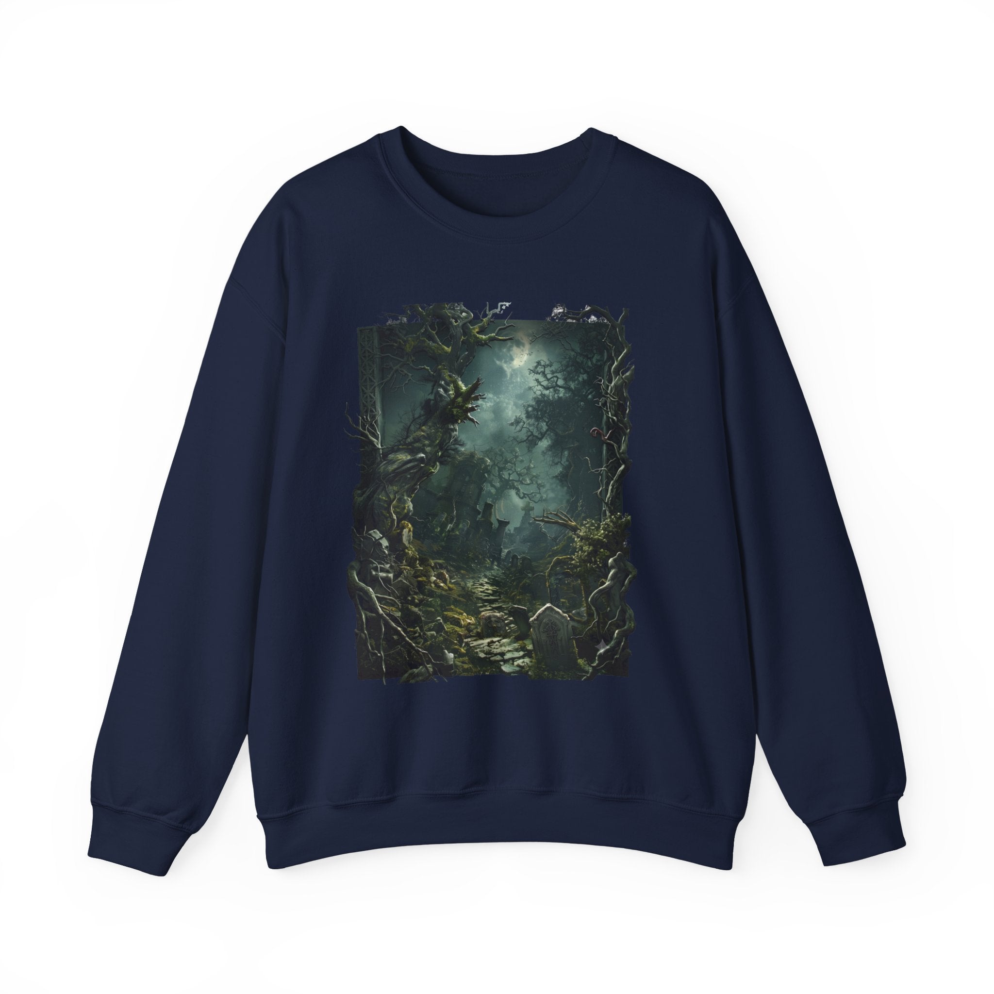Navy crewneck sweatshirt laid flat, printed with a moonlit forest of gnarled mossy trees drifts into pale