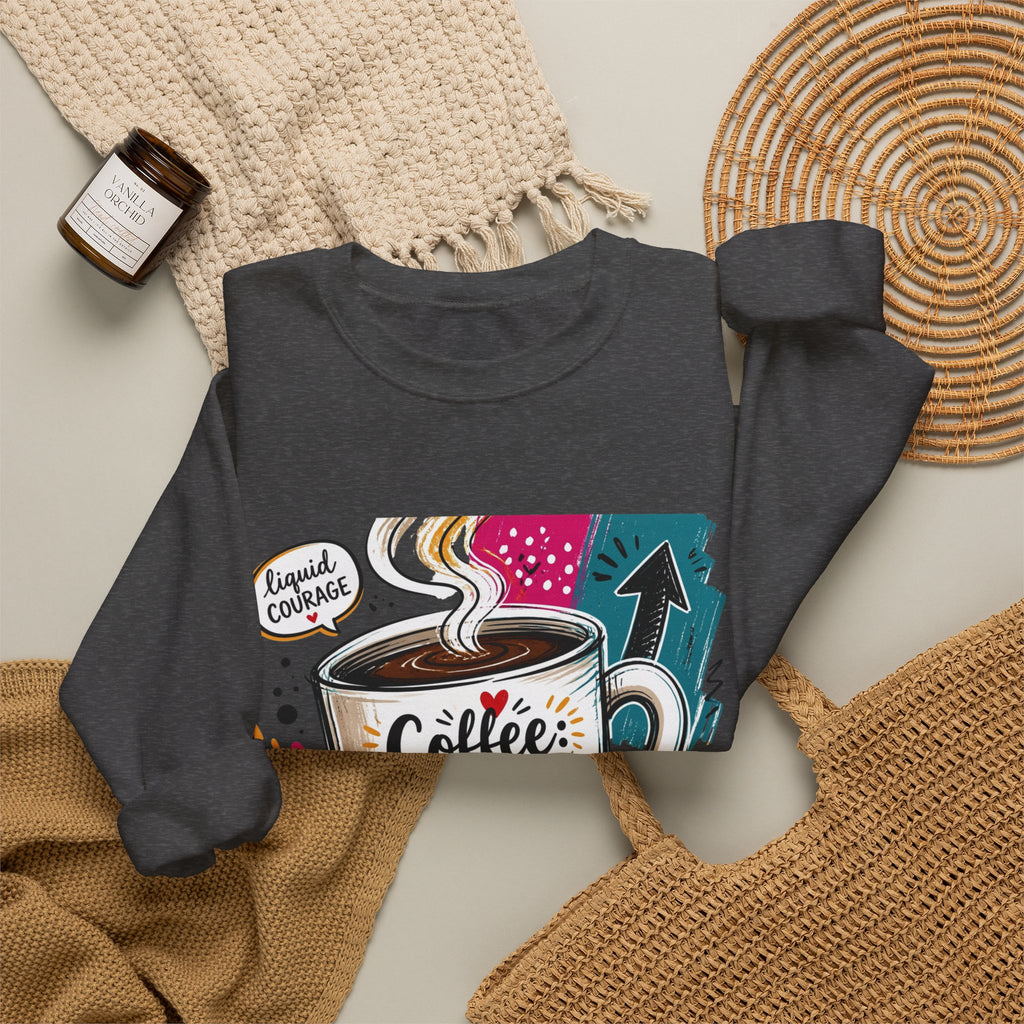Dark Heather crewneck sweatshirt styled flat with a candle — striped mug in a paper collage