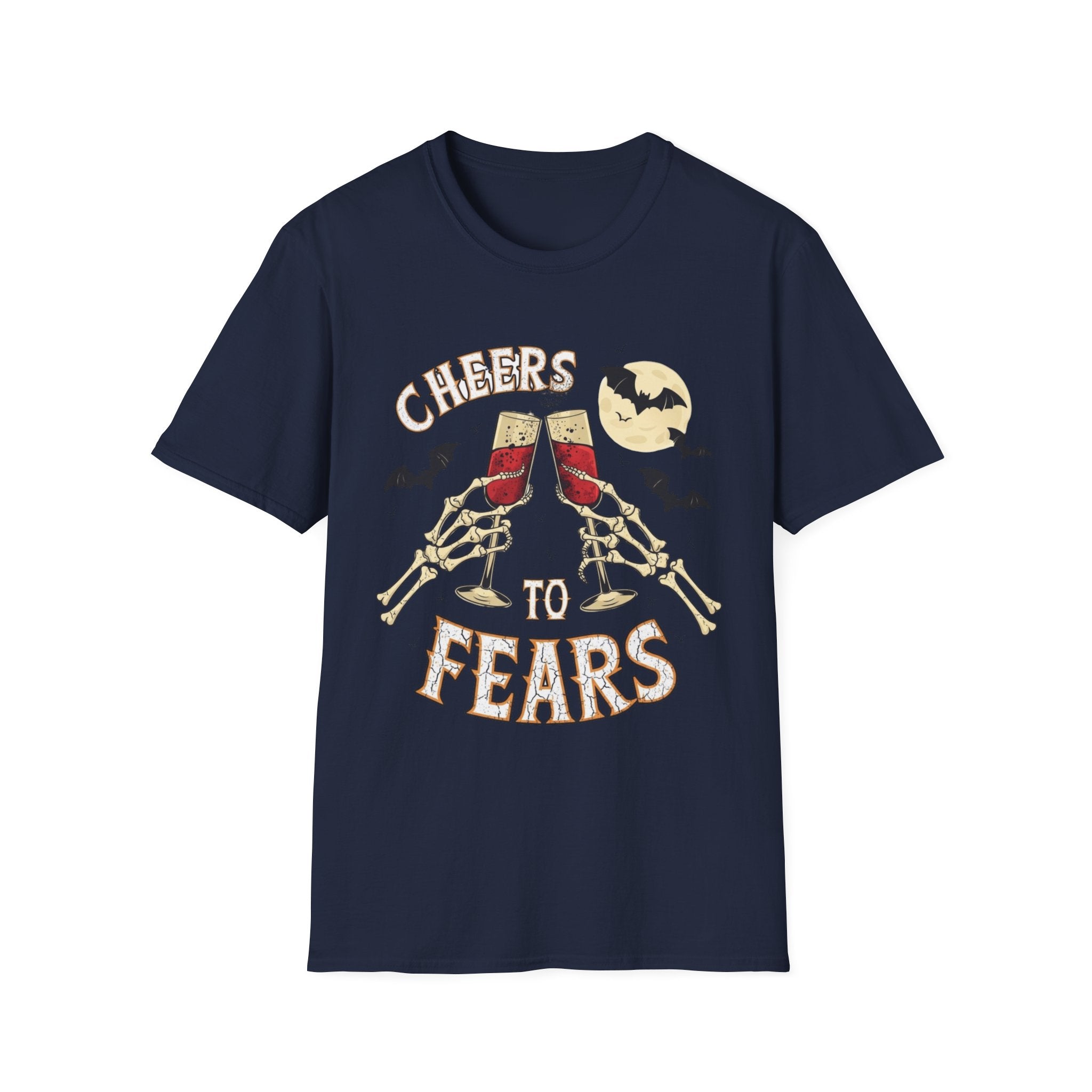 Navy t-shirt laid flat, printed with a two skeleton hands toasting champagne glasses with bats above