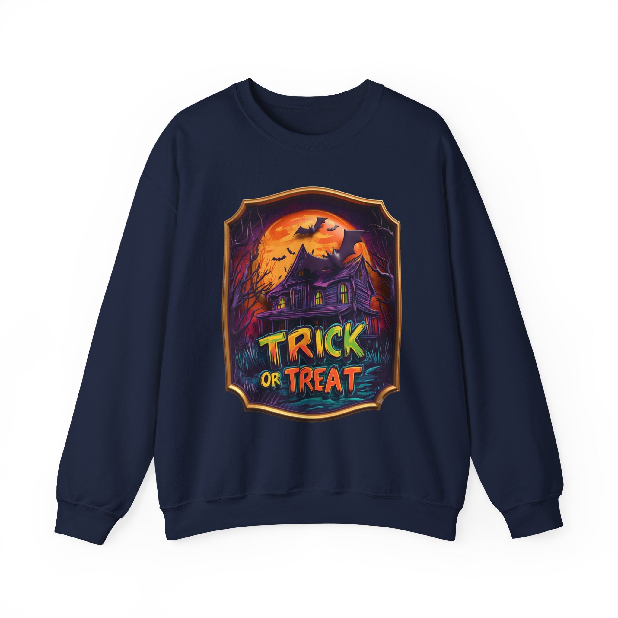 Navy crewneck sweatshirt laid flat, printed with a purple haunted mansion sits under a blazing orange moon
