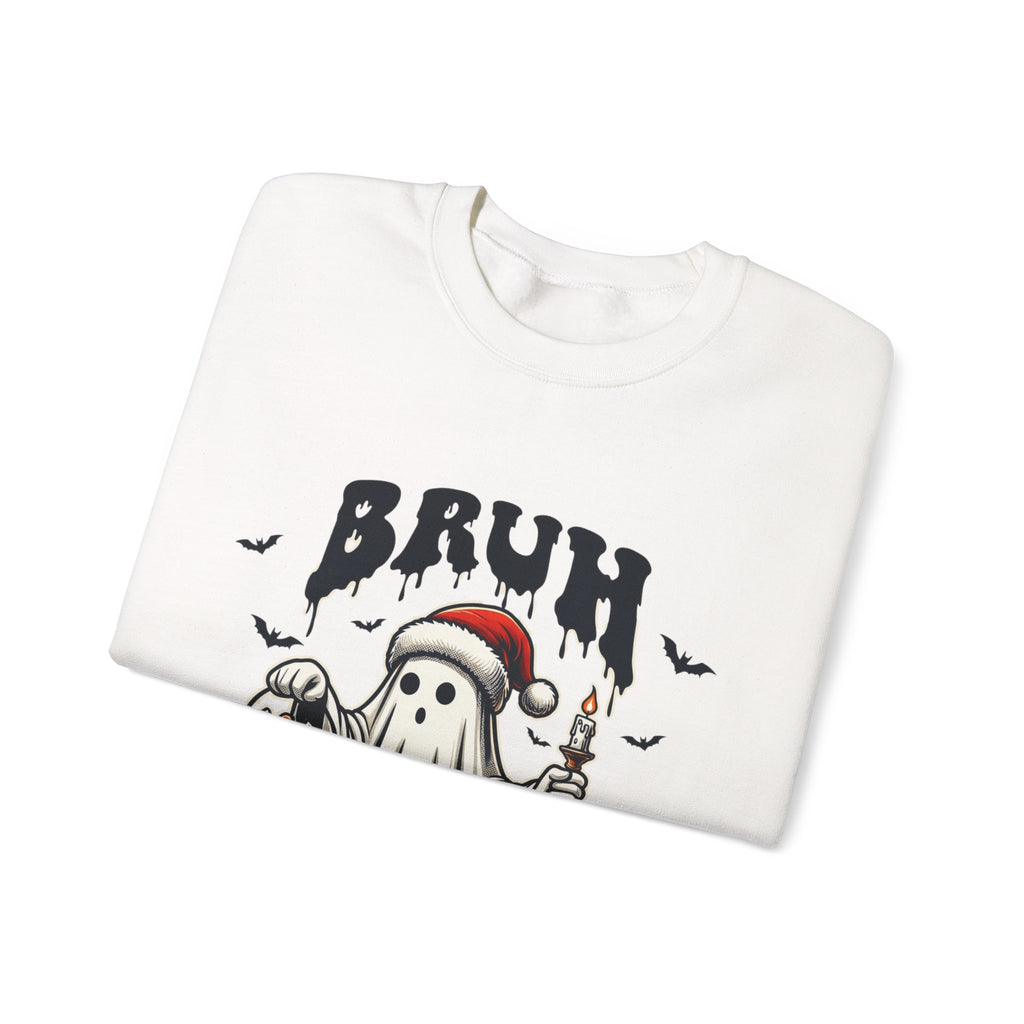 White crewneck sweatshirt folded to show the bats above print