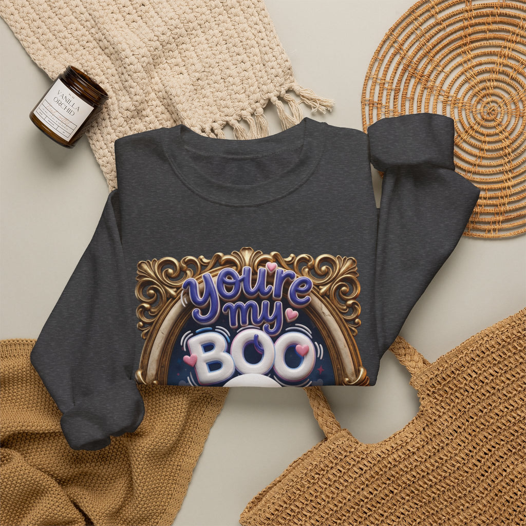 Dark Heather crewneck sweatshirt styled flat with a candle — smiling ghost in a gilded frame