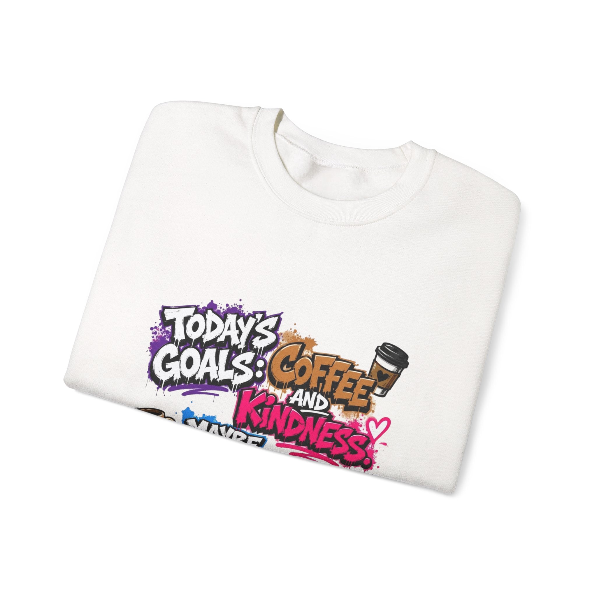 White crewneck sweatshirt folded to show the stacked graffiti lettering in electric pinks print