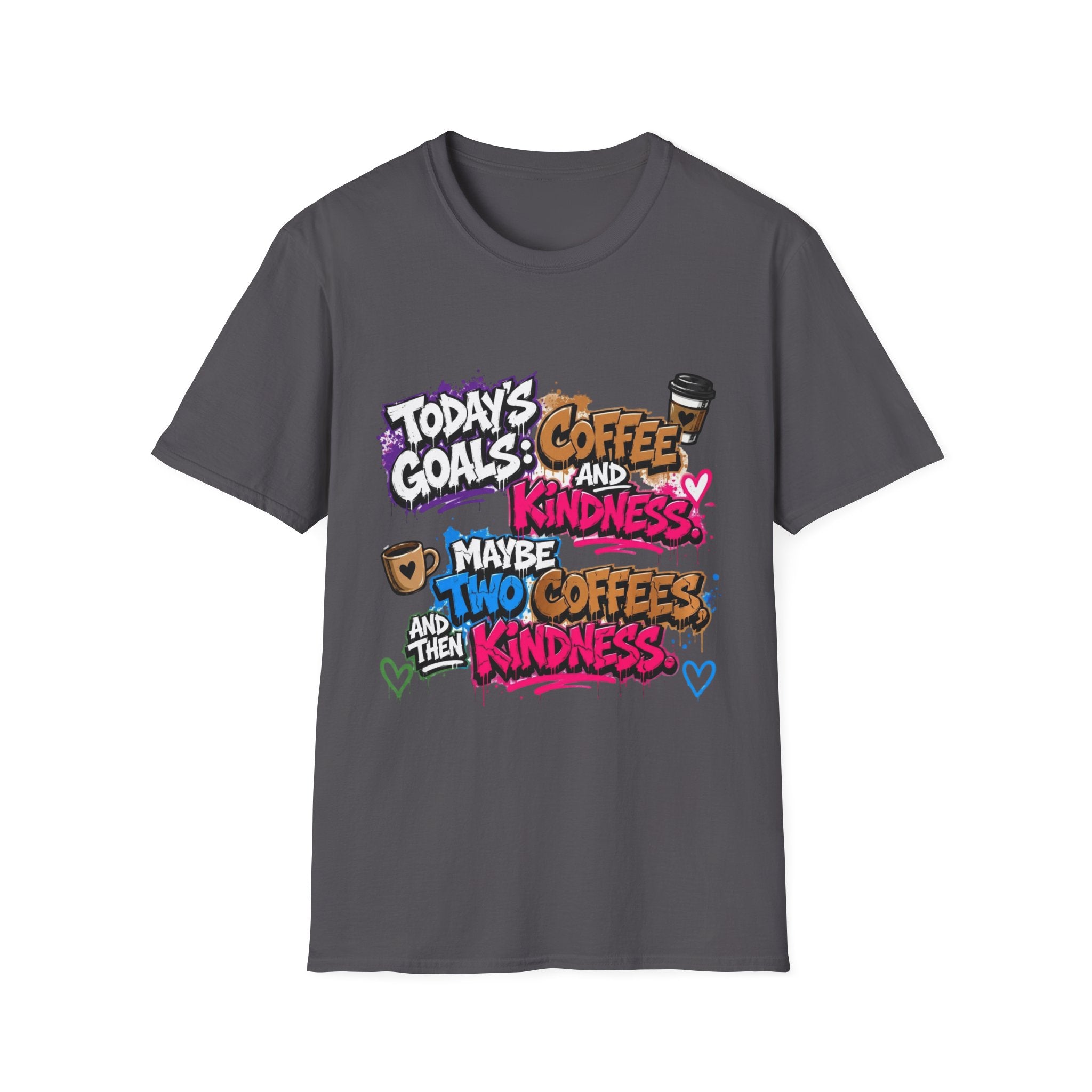 Charcoal t-shirt laid flat, printed with a stacked graffiti lettering in electric pinks
