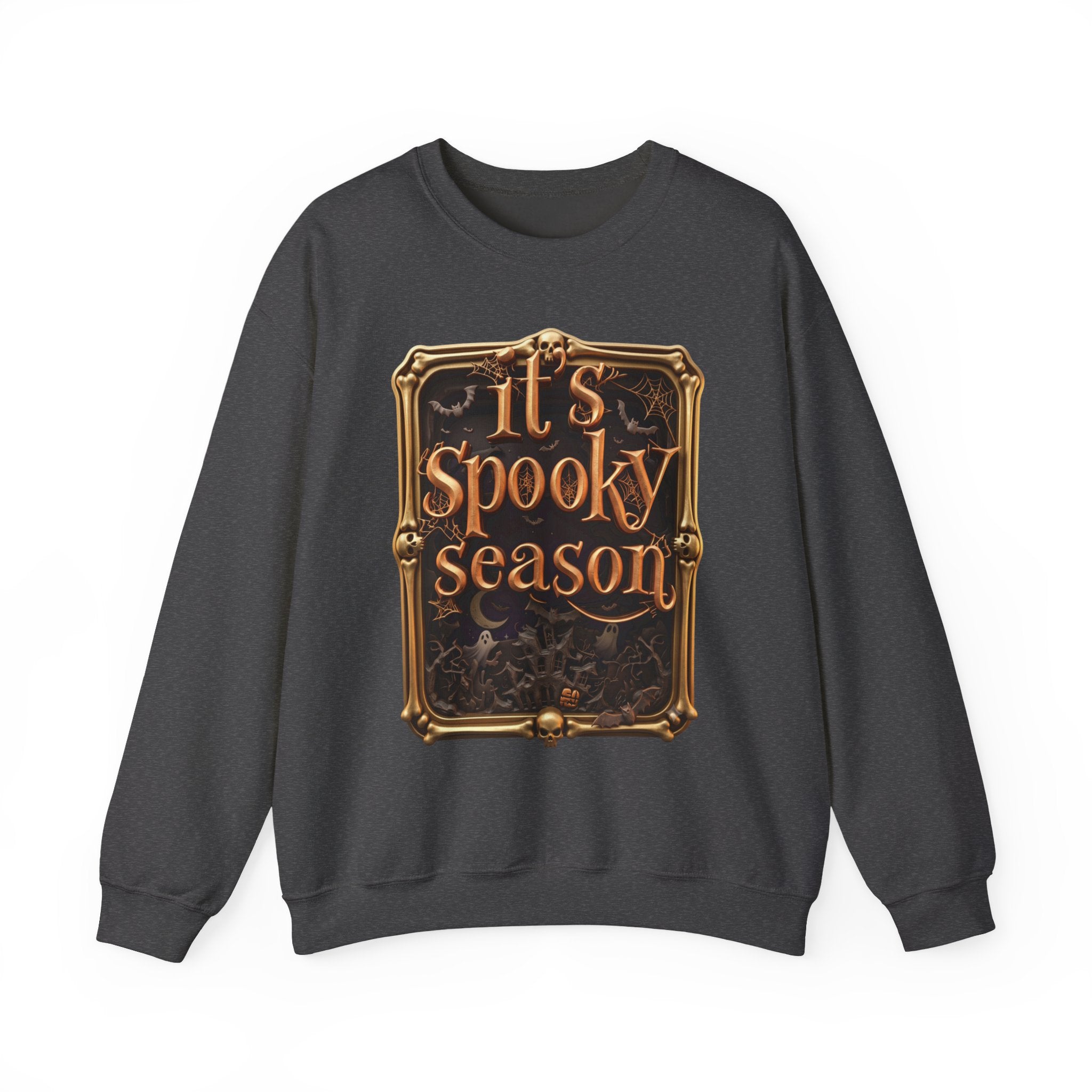 Dark Heather crewneck sweatshirt laid flat, printed with a copper serif lettering reads it's spooky season inside