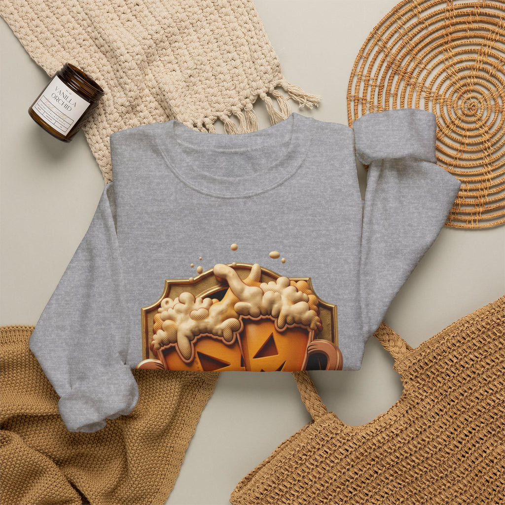 Sport Grey crewneck sweatshirt styled flat with a candle — beer mugs carved as jack-o-lanterns