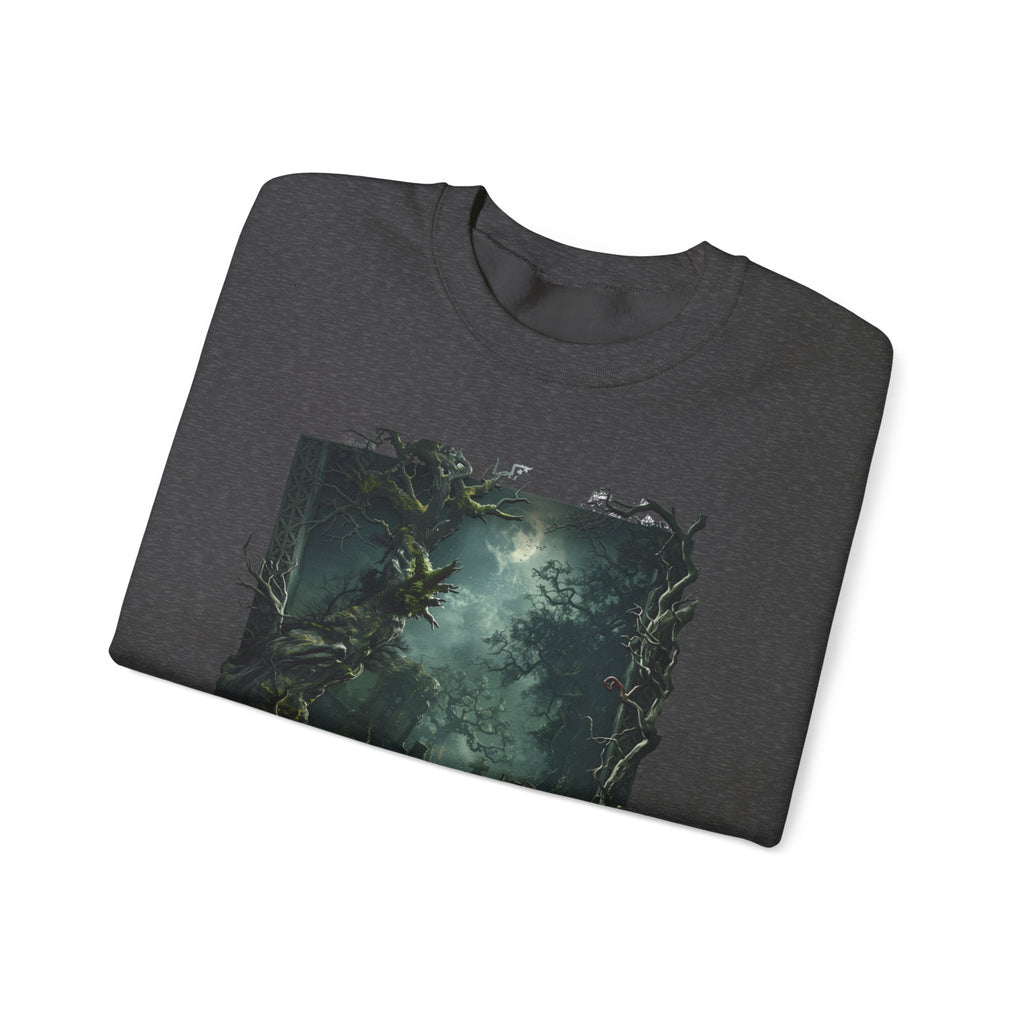 Dark Heather crewneck sweatshirt folded to show the moonlit forest of gnarled mossy trees drifts into pale print
