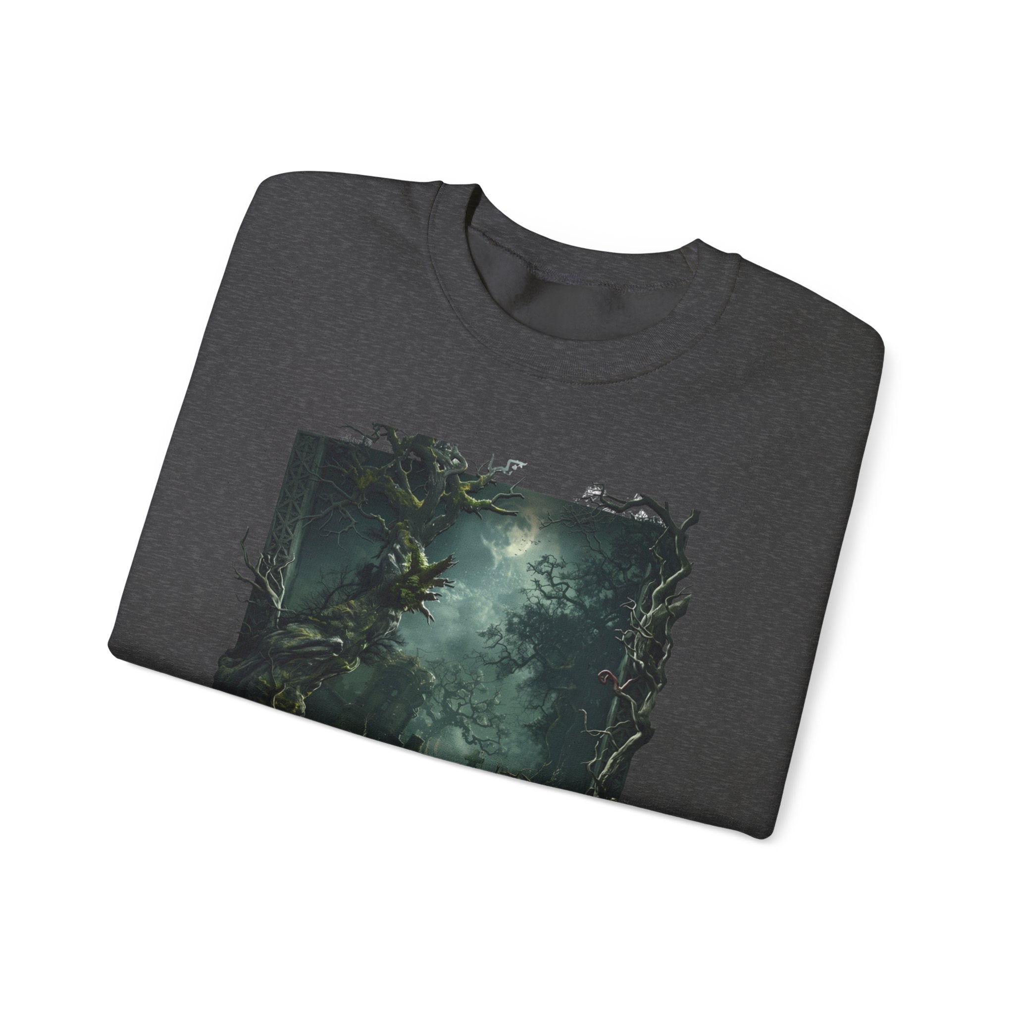 Dark Heather crewneck sweatshirt folded to show the moonlit forest of gnarled mossy trees drifts into pale print