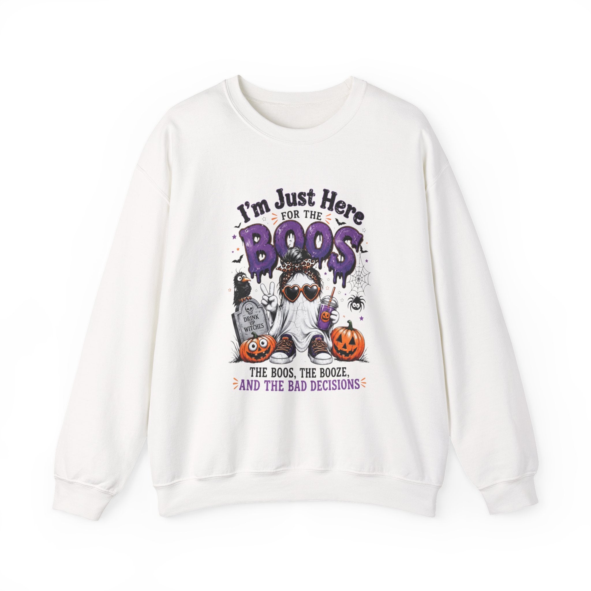 White crewneck sweatshirt laid flat, printed with a three cartoon ghosts in sunglasses