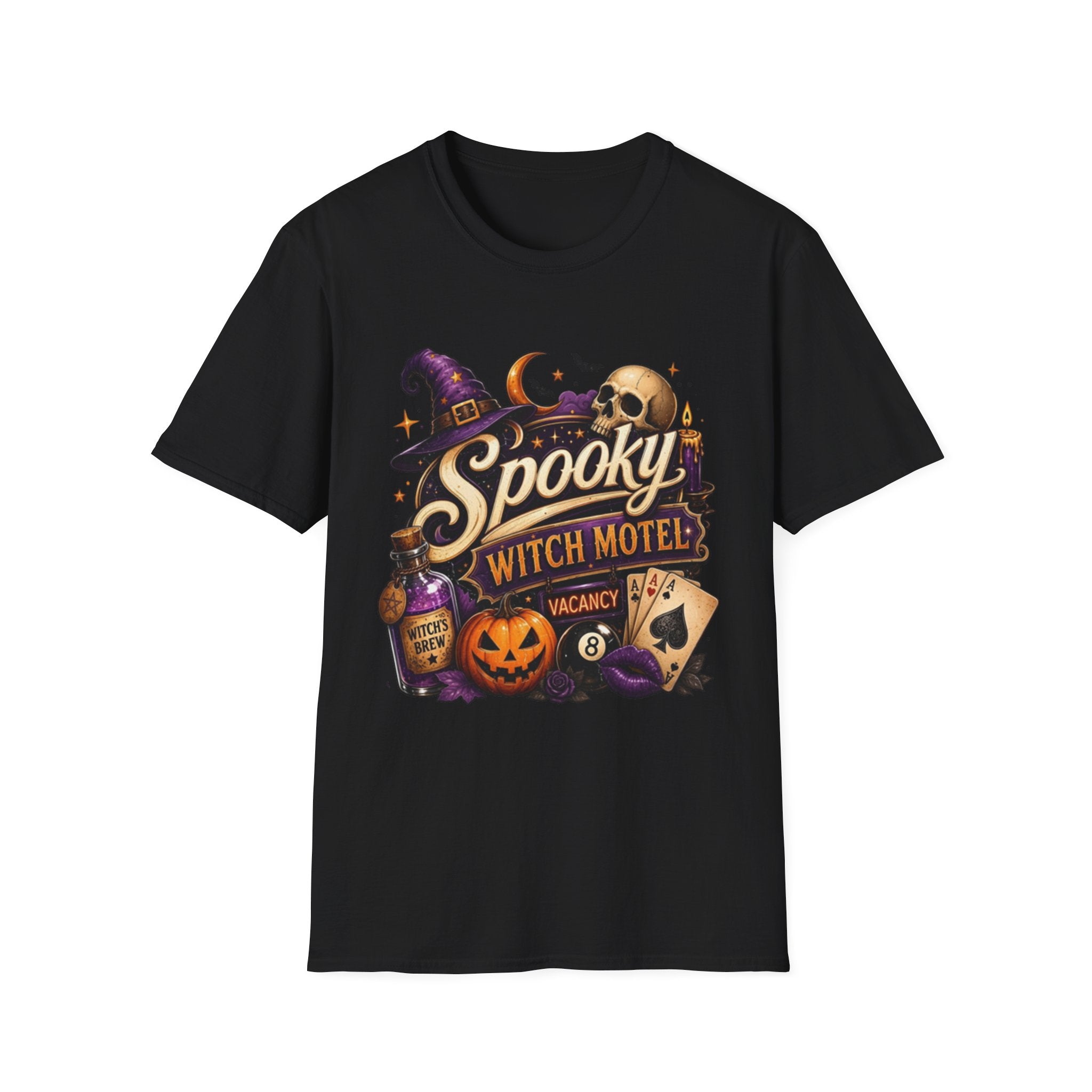 Black t-shirt laid flat, printed with a neon motel sign reading spooky witch motel