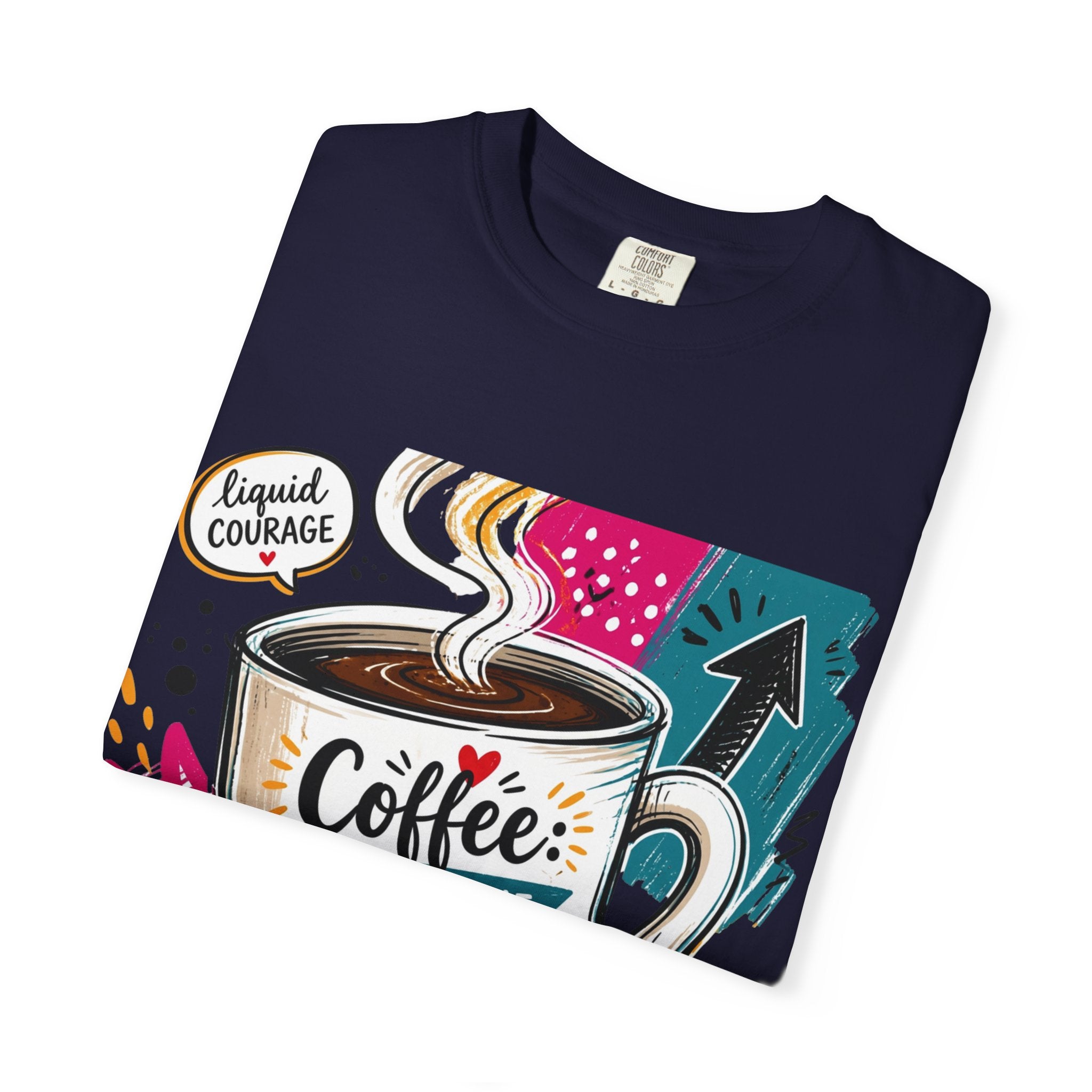True Navy t-shirt folded to show the tall striped mug set into a busy retro collage print