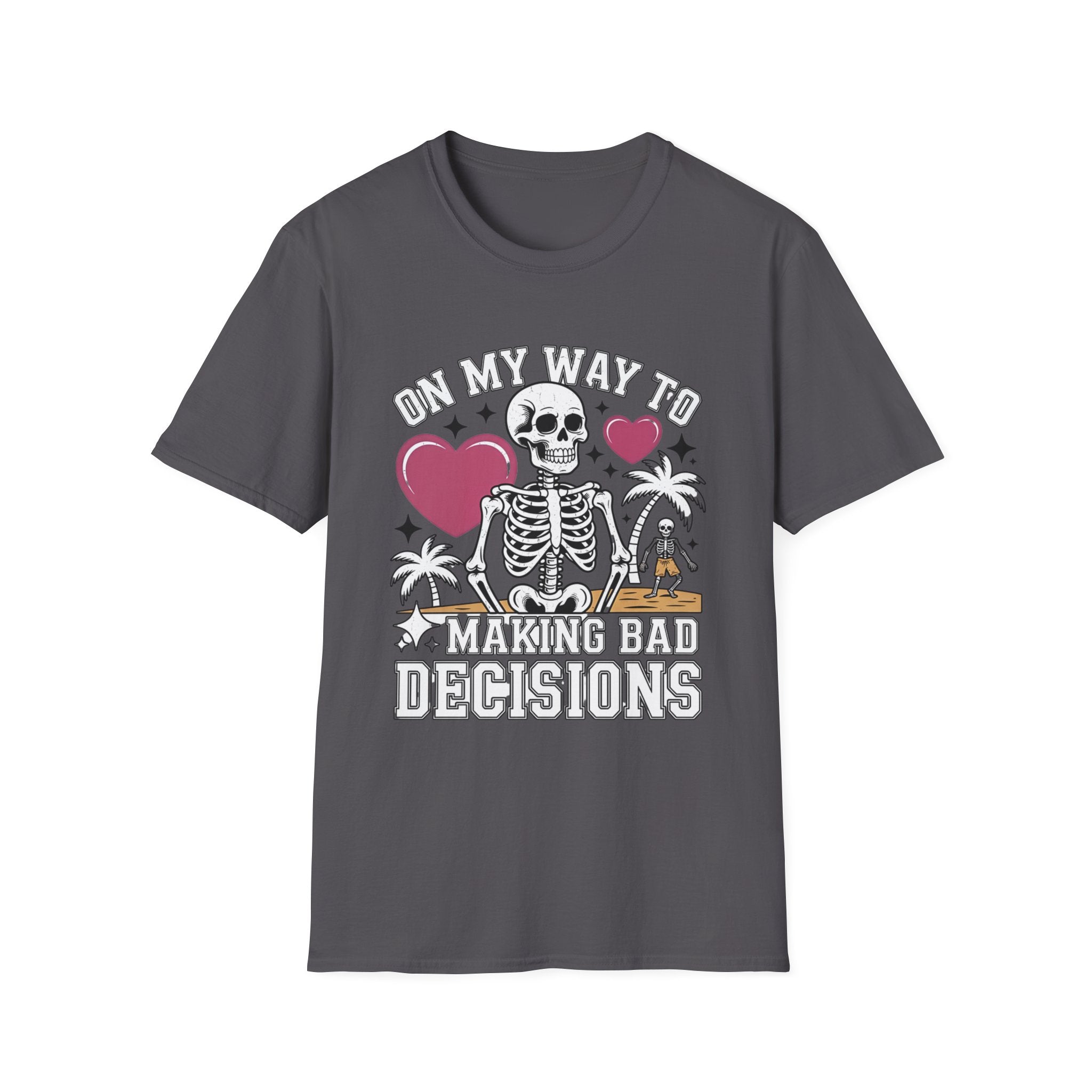 Charcoal t-shirt laid flat, printed with a two line drawn skeletons under pink hearts and bold