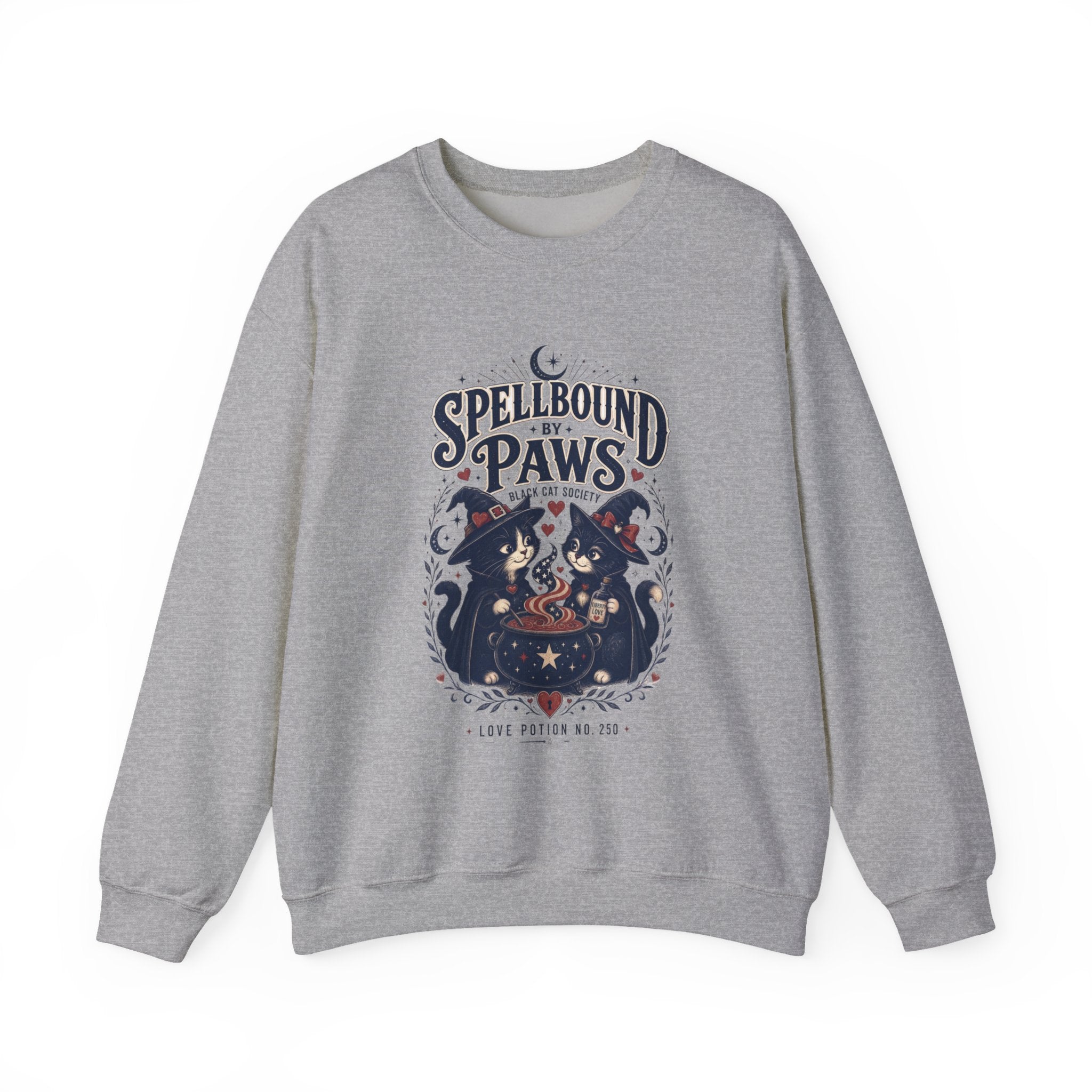Sport Grey crewneck sweatshirt laid flat, printed with a two black cats in witch hats