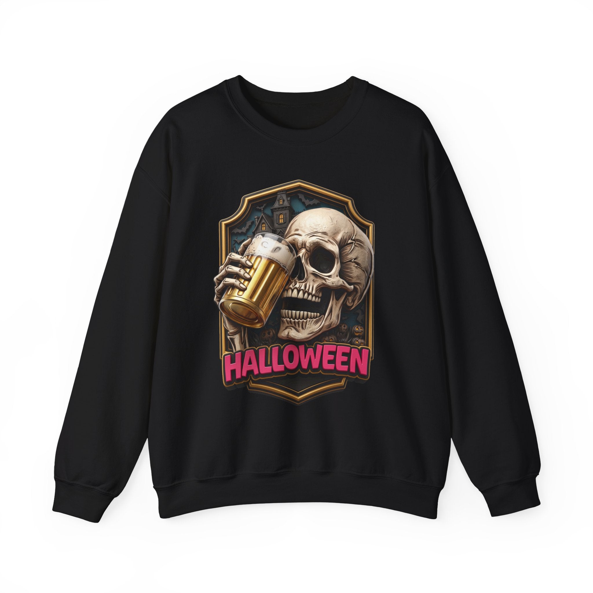 Black crewneck sweatshirt laid flat, printed with a cracked skull lifts a frothy beer mug inside