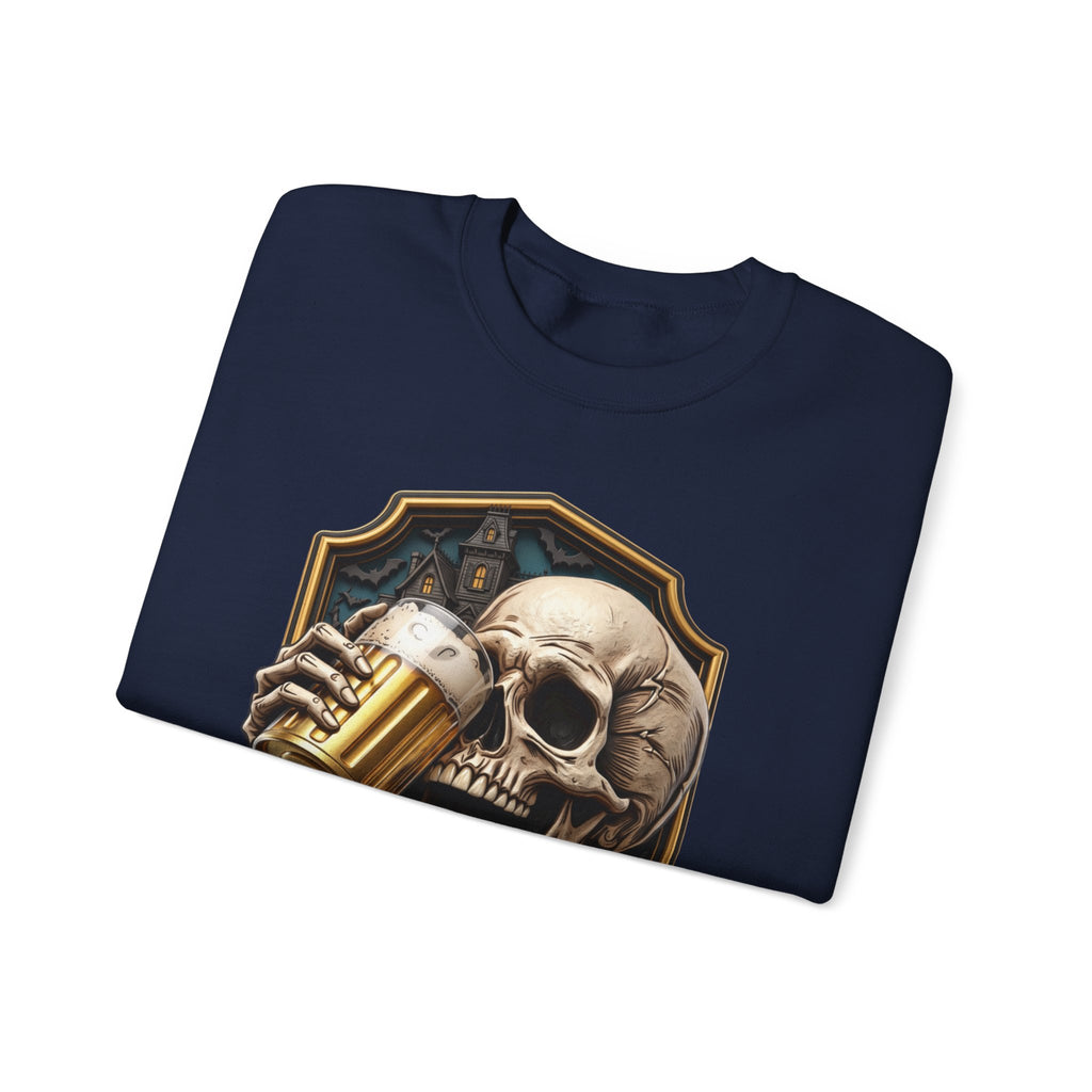 Navy crewneck sweatshirt folded to show the cracked skull lifts a frothy beer mug inside print