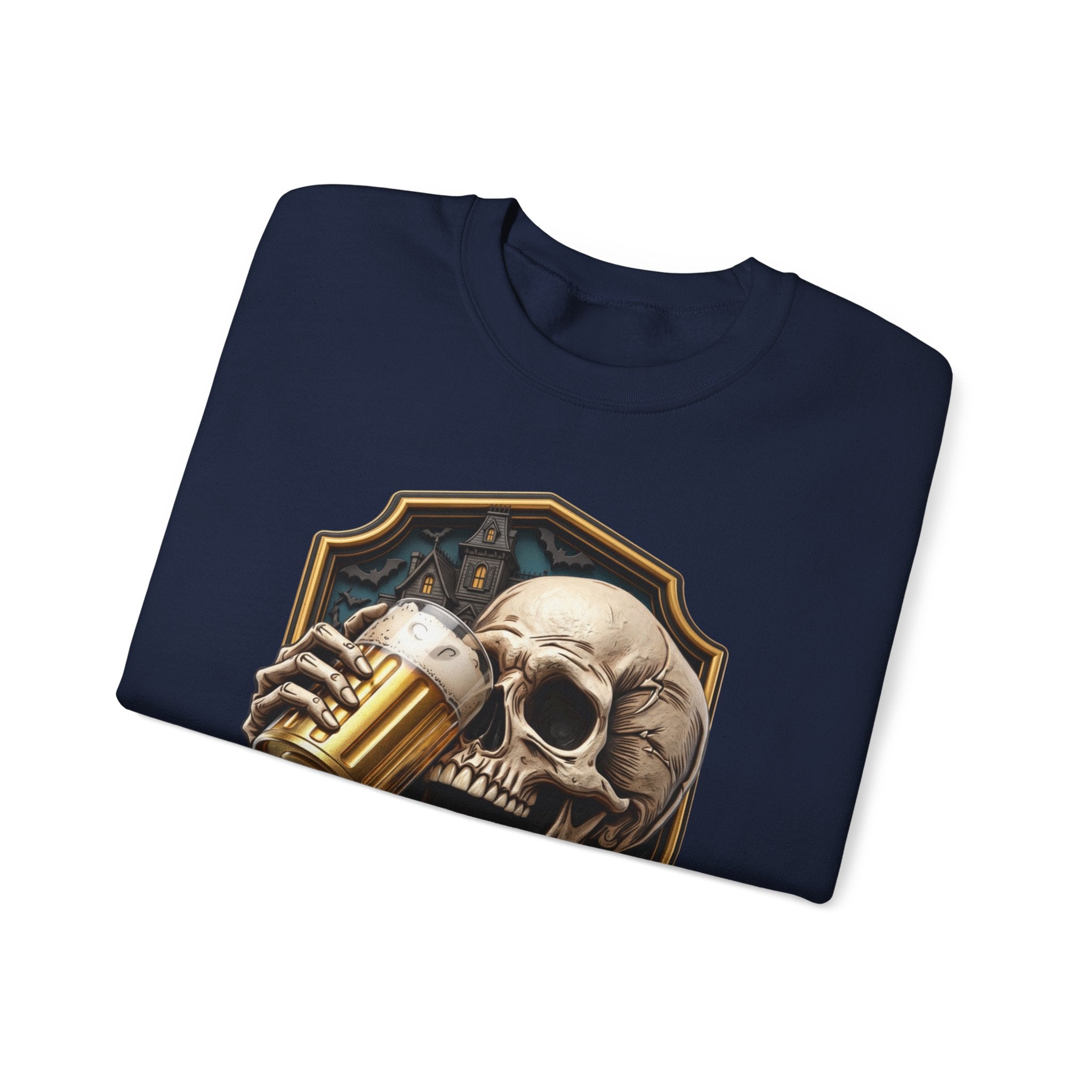 Navy crewneck sweatshirt folded to show the cracked skull lifts a frothy beer mug inside print