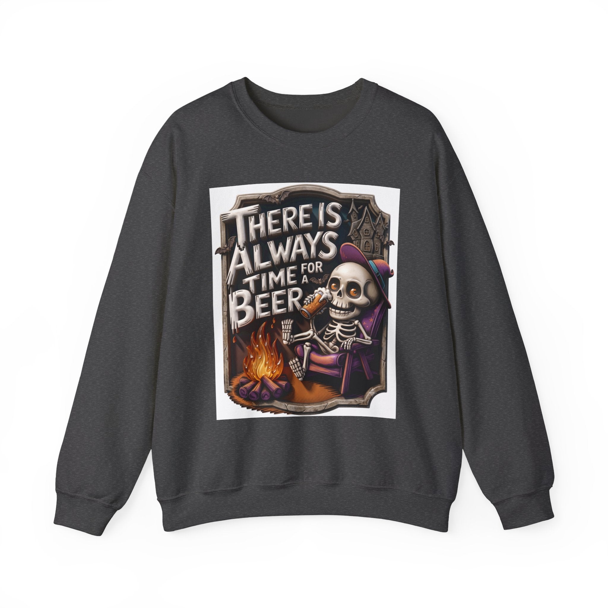 Dark Heather crewneck sweatshirt laid flat, printed with a skeleton in a floppy purple hat kicks back