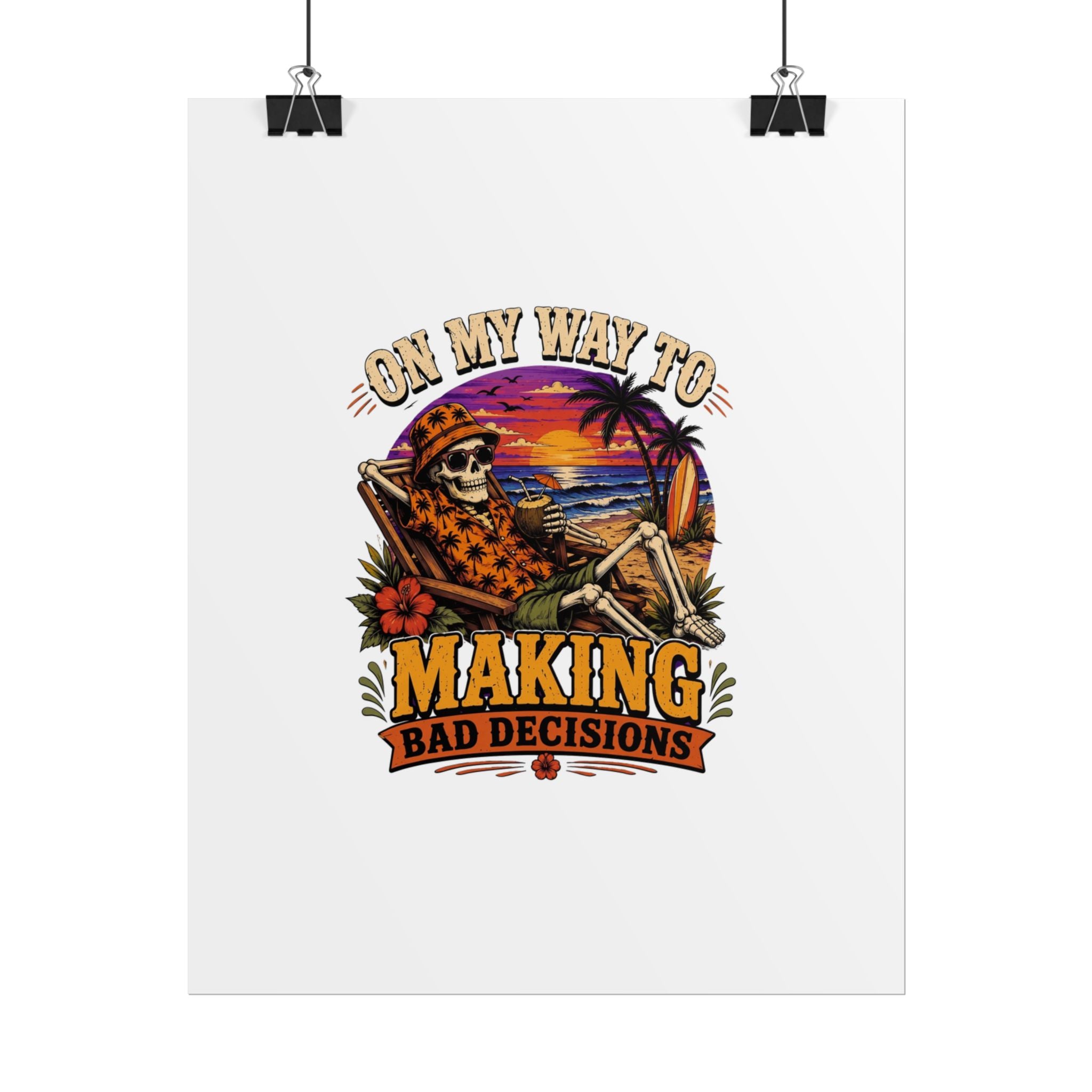 Poster print showing a grinning skeleton stretched out under a burning tropical sunset, view 1