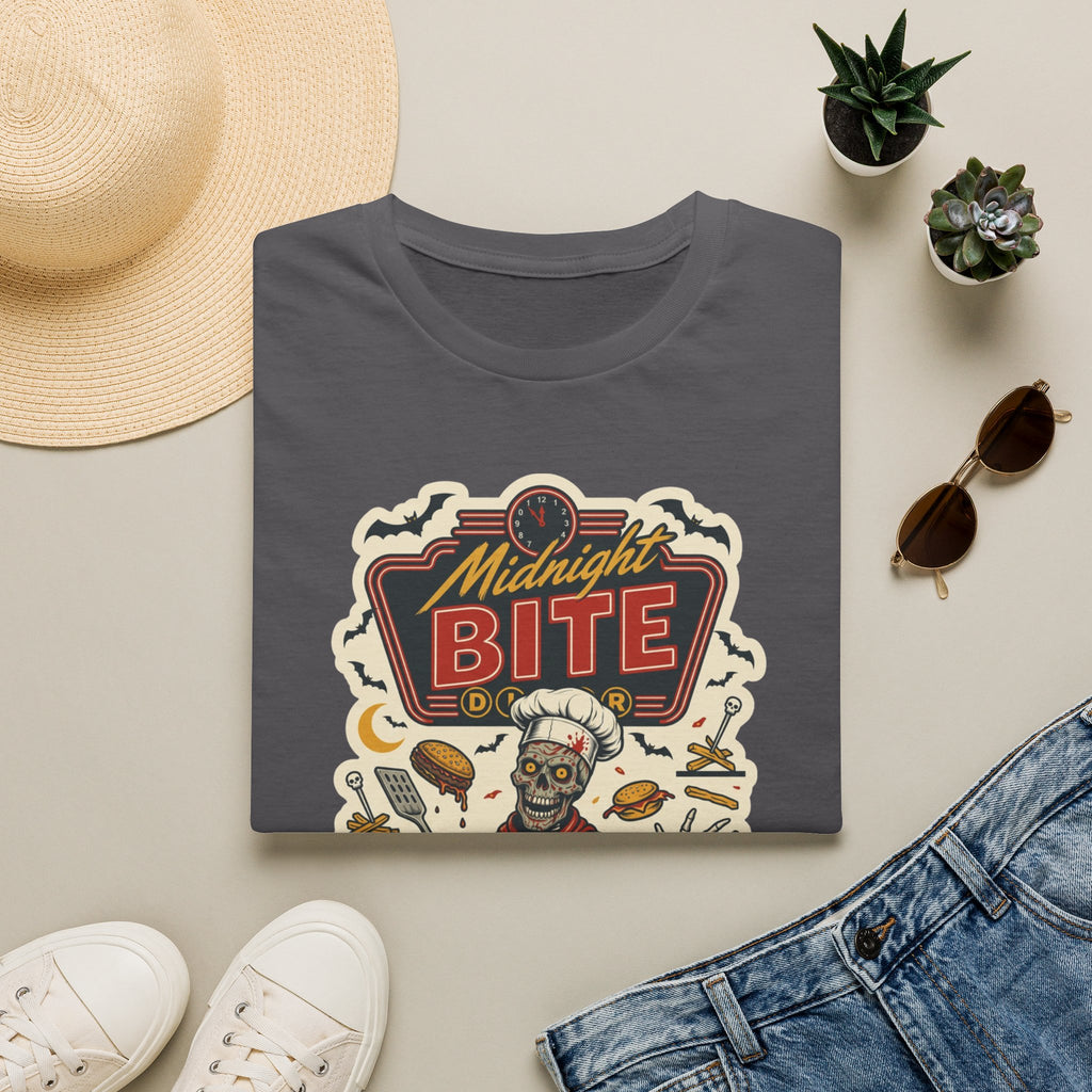 Charcoal t-shirt styled flat with a candle — late-night diner sign