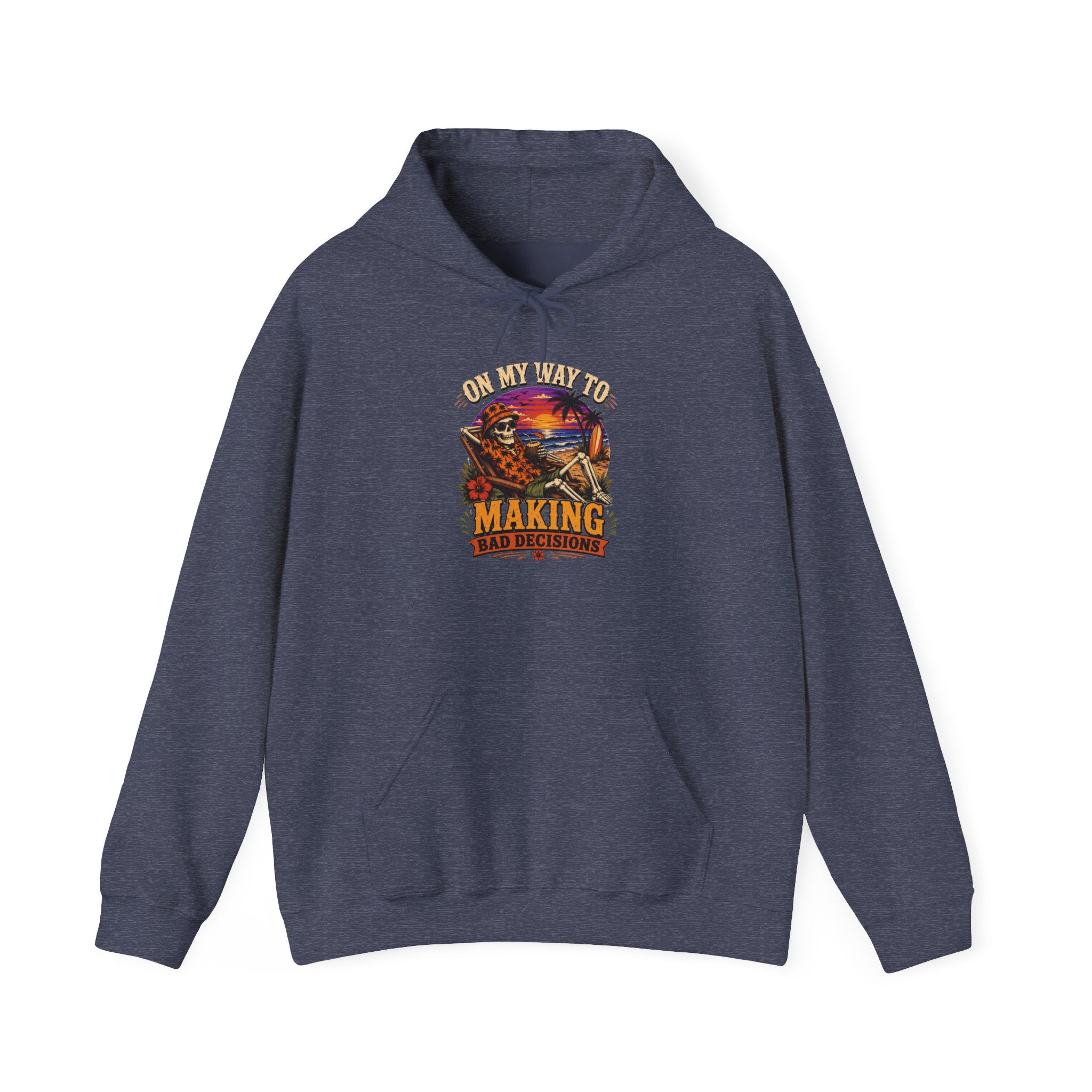 Heather Sport Dark Navy hoodie laid flat, printed with a sunset skeleton print centred on the chest