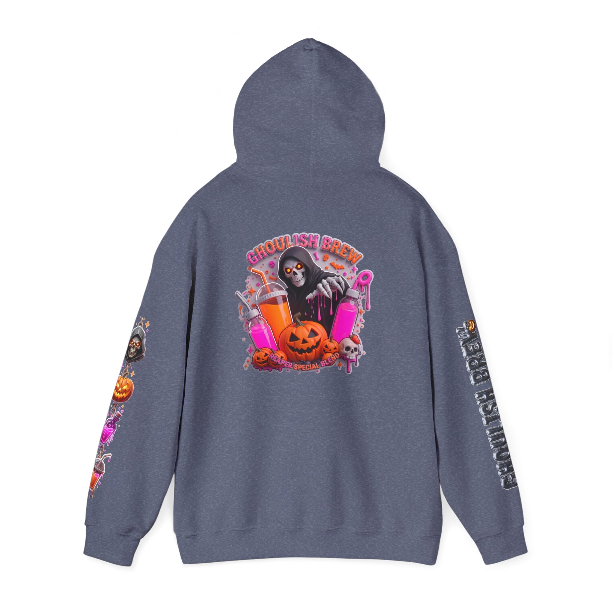 Heather Navy hoodie folded to show the potion co. halloween graphic of jack-o-lanterns and potion bottles print