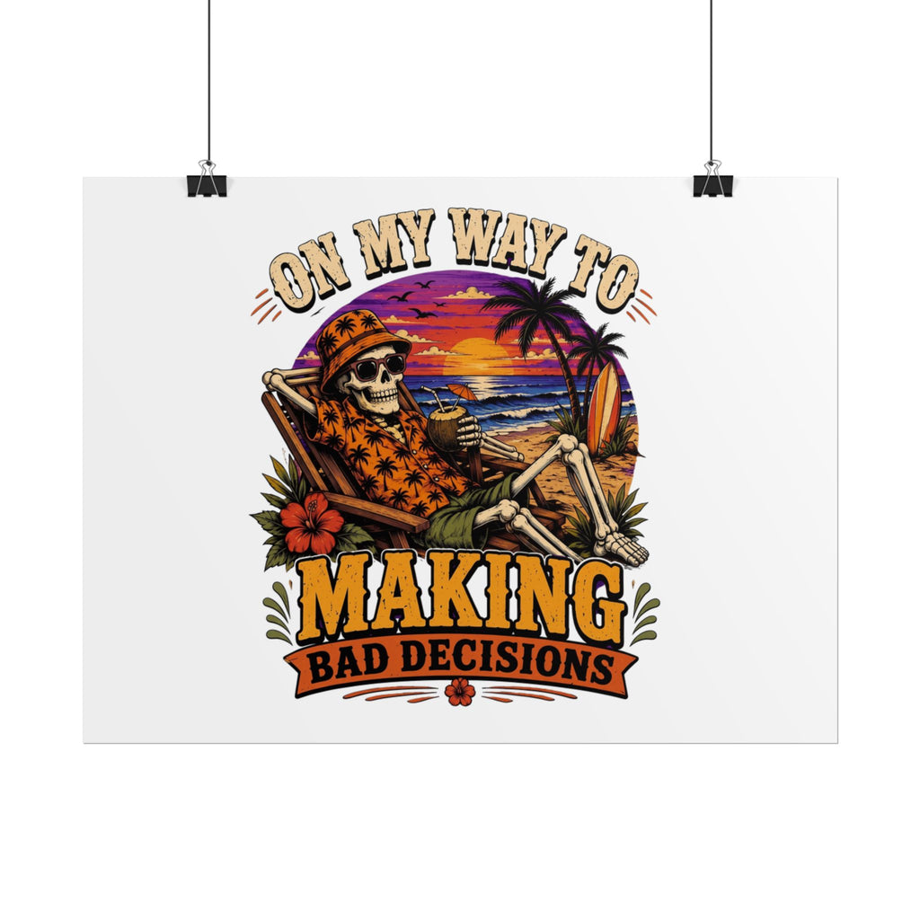 Poster print showing a grinning skeleton stretched out under a burning tropical sunset, view 42