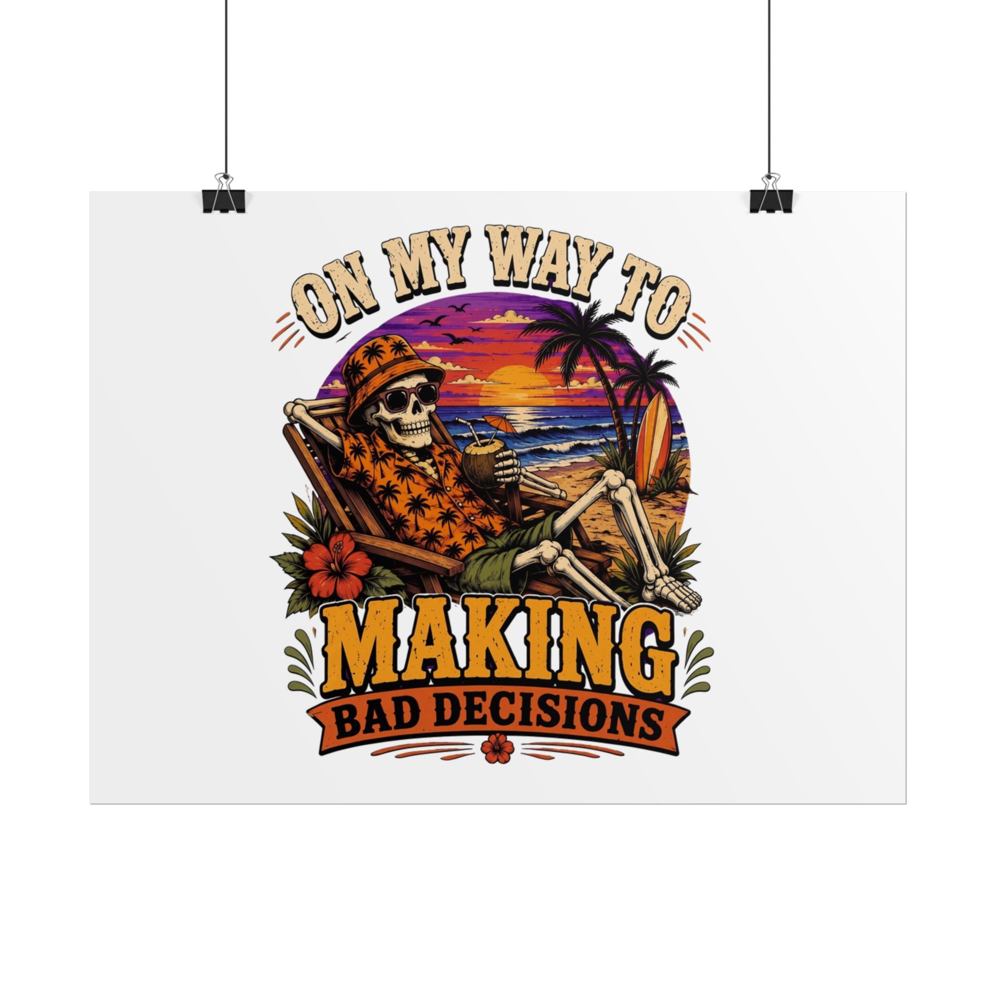 Poster print showing a grinning skeleton stretched out under a burning tropical sunset, view 42