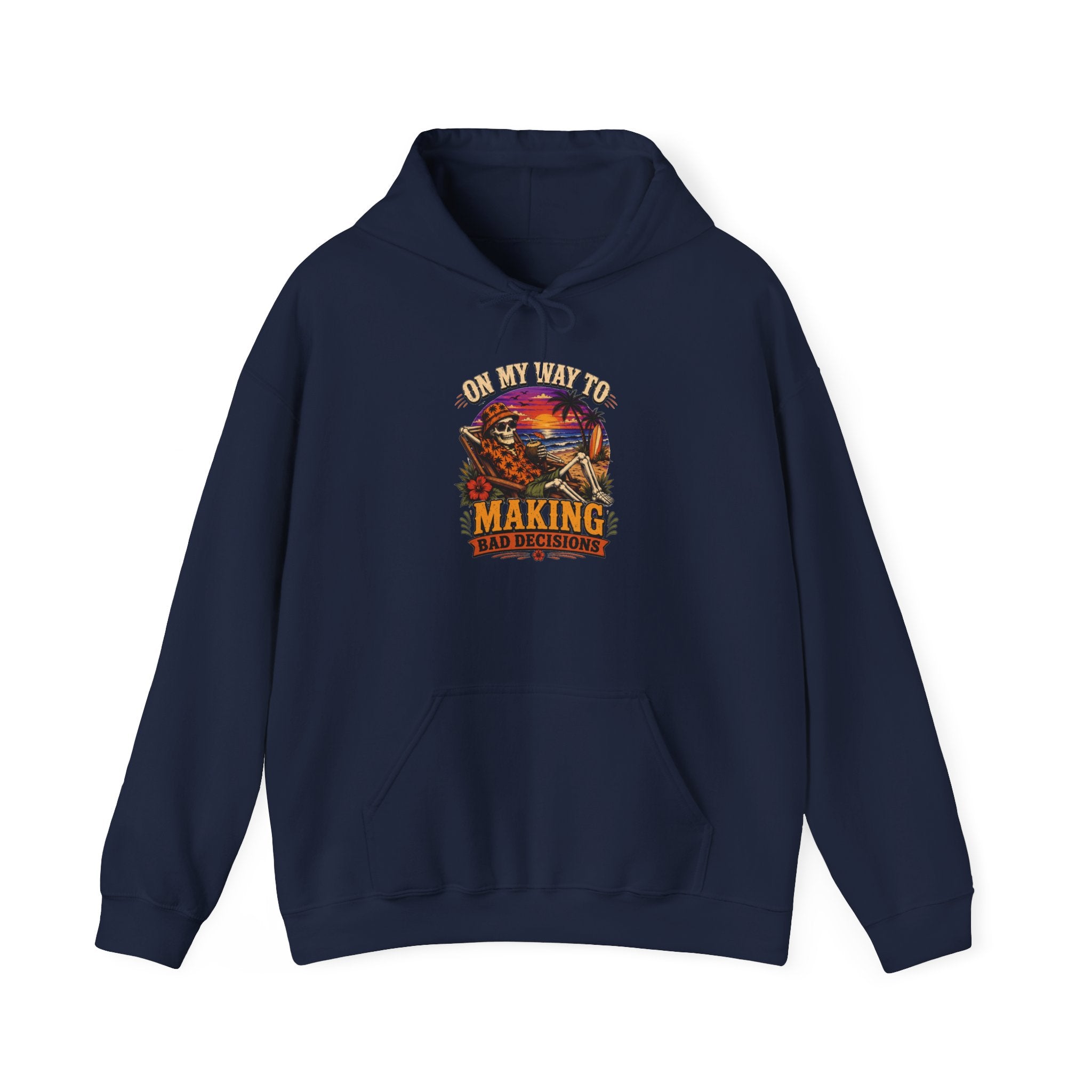 Navy hoodie laid flat, printed with a sunset skeleton print centred on the chest