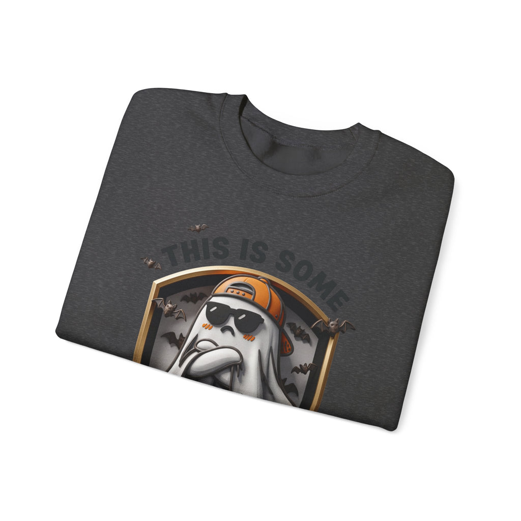 Dark Heather crewneck sweatshirt folded to show the sheet ghost in black sunglasses and a backward orange print