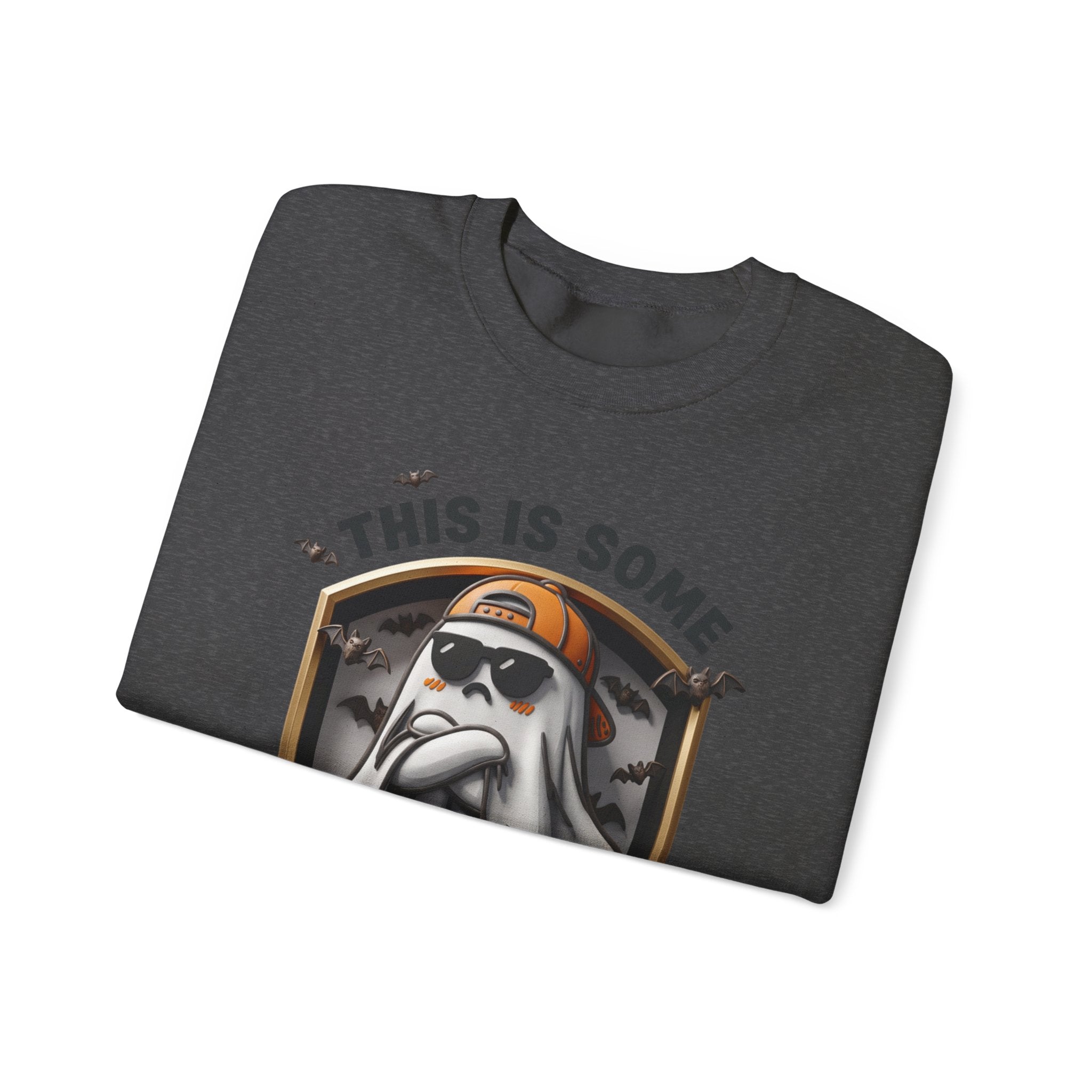 Dark Heather crewneck sweatshirt folded to show the sheet ghost in black sunglasses and a backward orange print