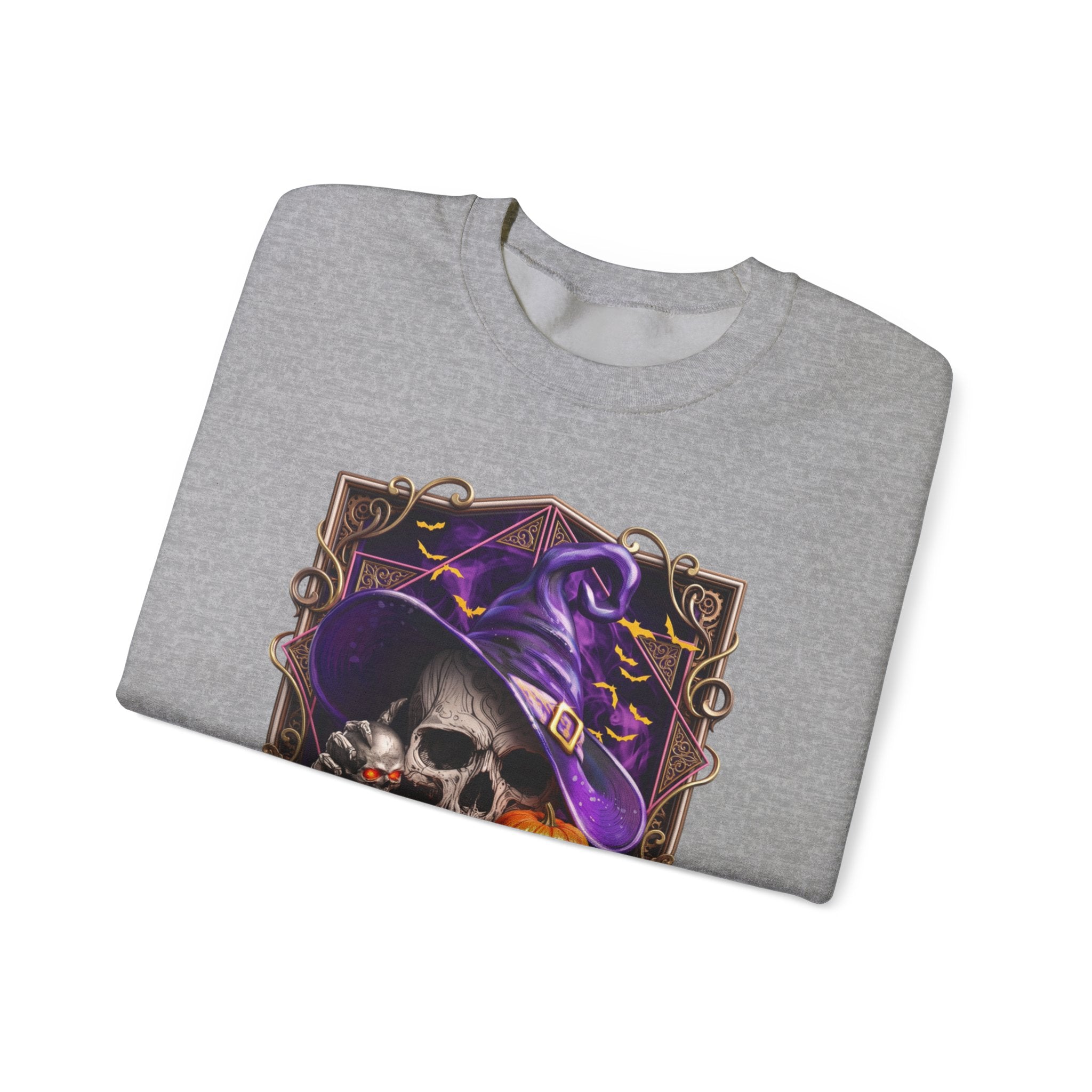 Sport Grey crewneck sweatshirt folded to show the skull in a slouchy purple witch hat peers out print