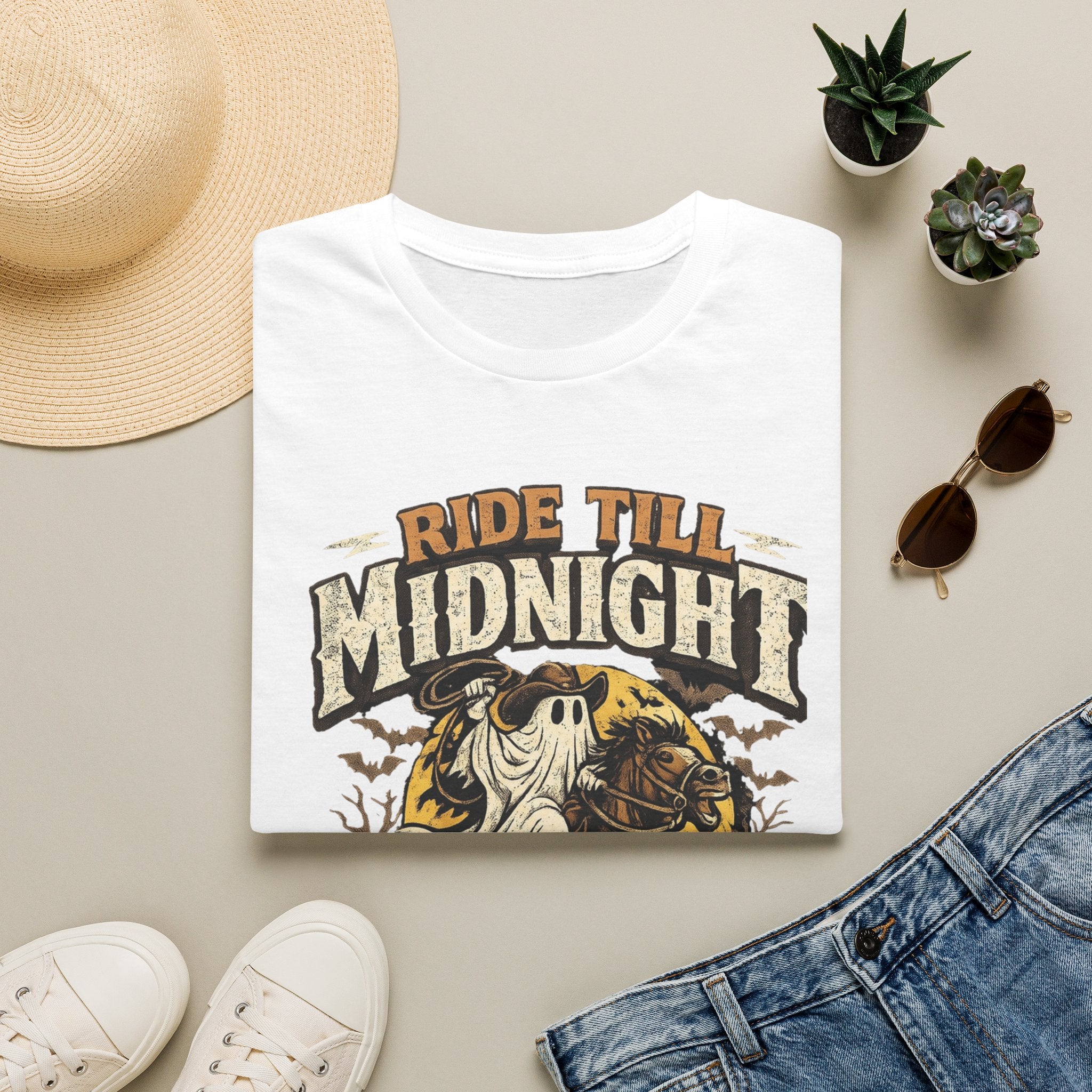 White t-shirt styled flat with a candle — sheet ghost on a rearing horse
