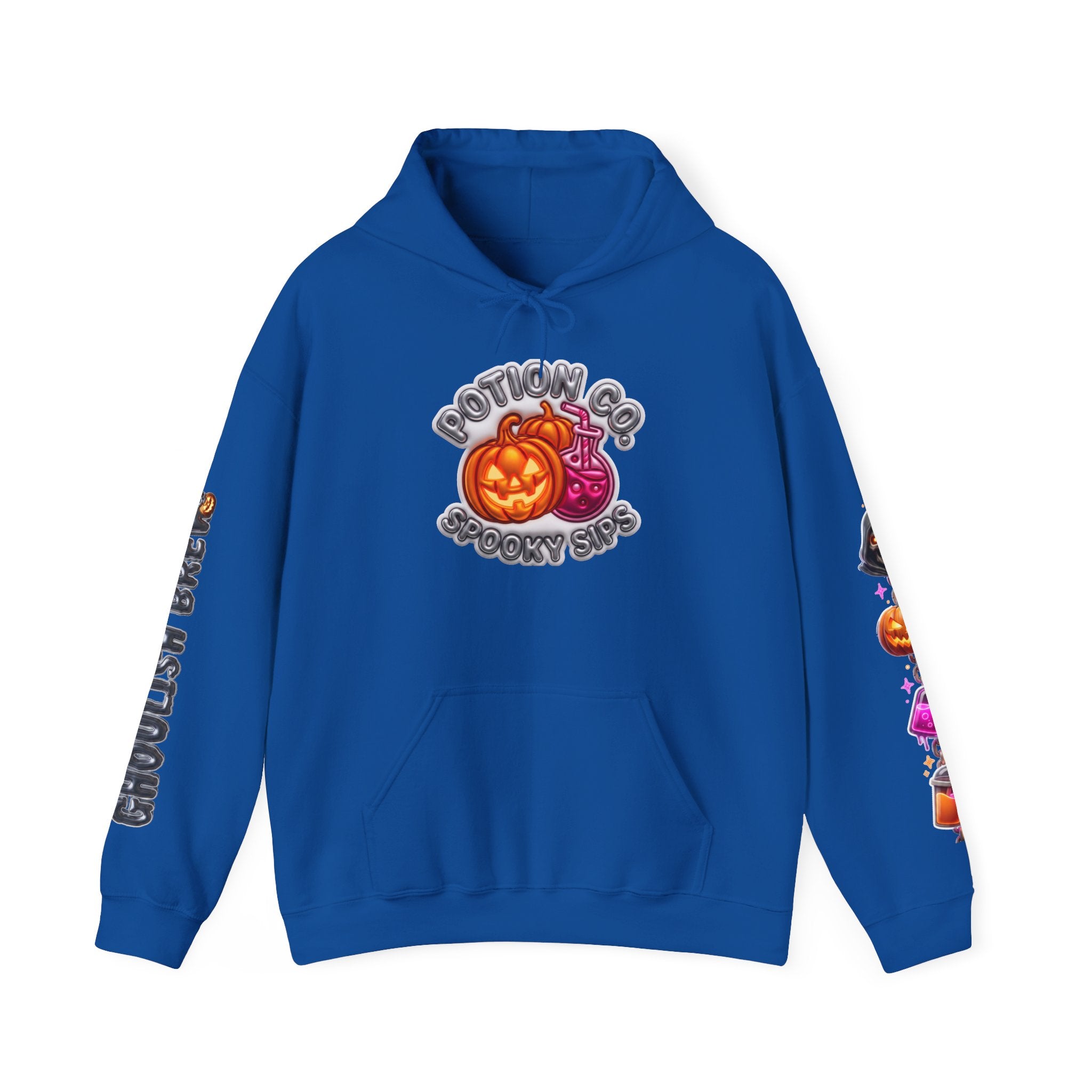 Royal hoodie laid flat, printed with a potion co. halloween graphic of jack-o-lanterns and potion bottles