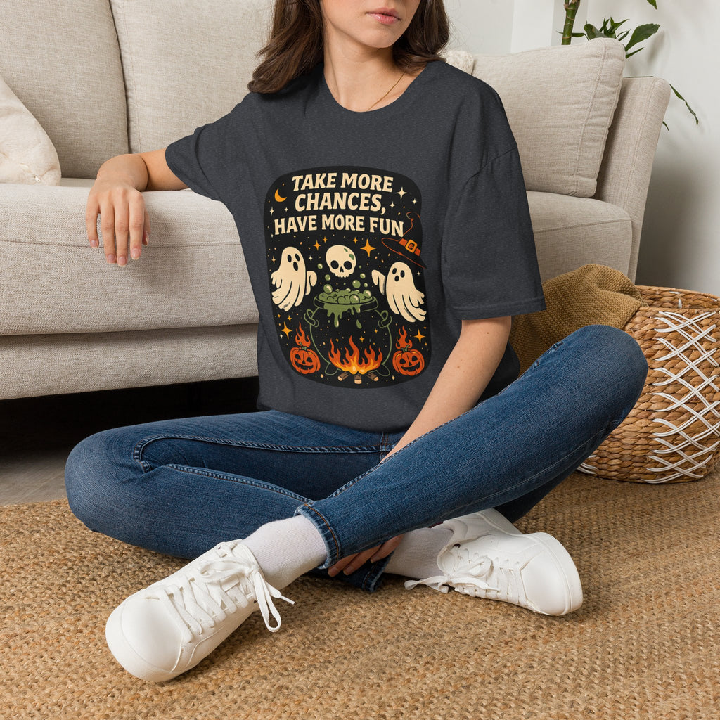 Dark Heather Grey t-shirt laid flat, printed with a two ghosts around a campfire inside a rounded vintage