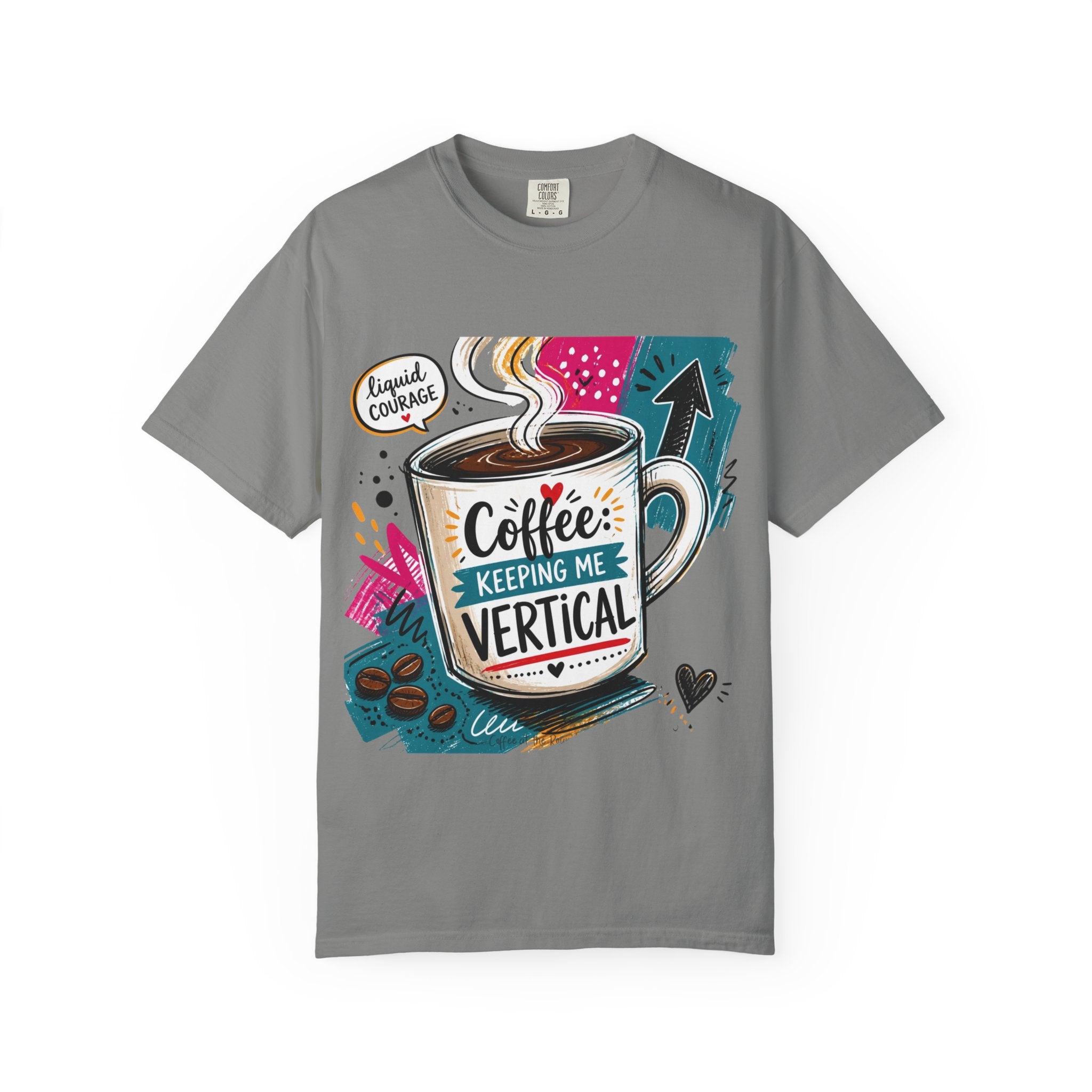 Granite t-shirt laid flat, printed with a tall striped mug set into a busy retro collage