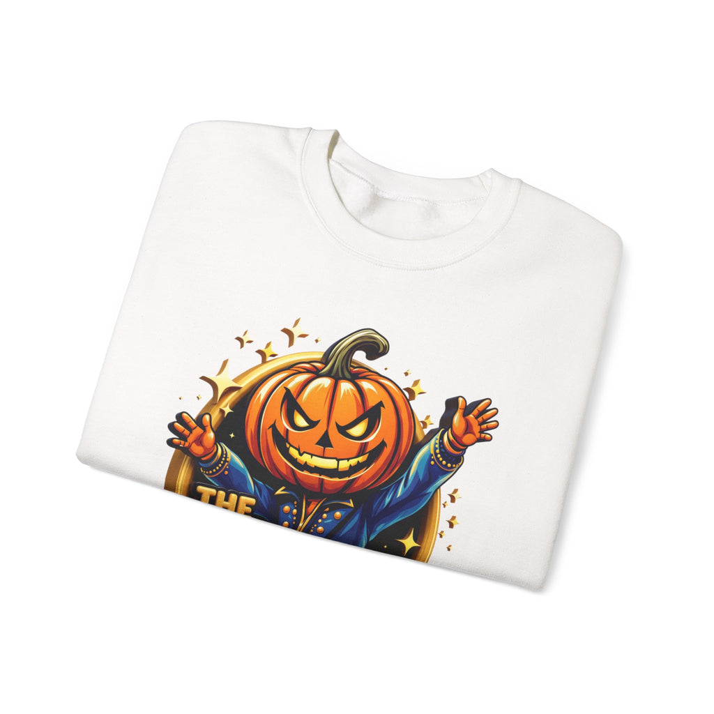 White crewneck sweatshirt folded to show the grinning jack-o-lantern head in a blue jacket throws print